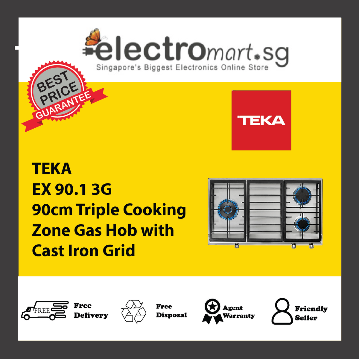 TEKA EX 90.1 3G 90cm Triple Cooking Zone Gas Hob with Cast Iron Grid