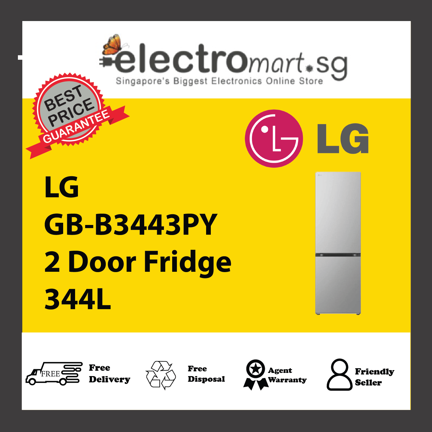 LG GB-B3443PY 2 Door Fridge 344L
