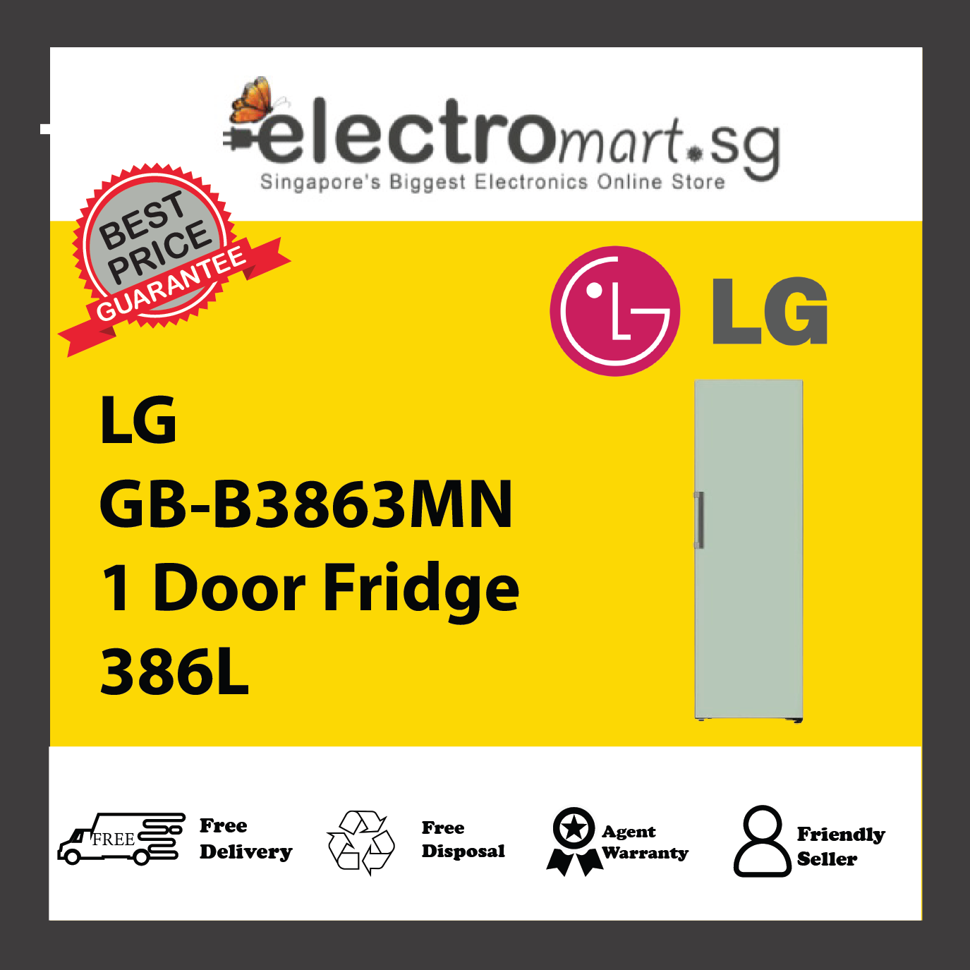 LG GB-B3863MN 1 Door Fridge 386L