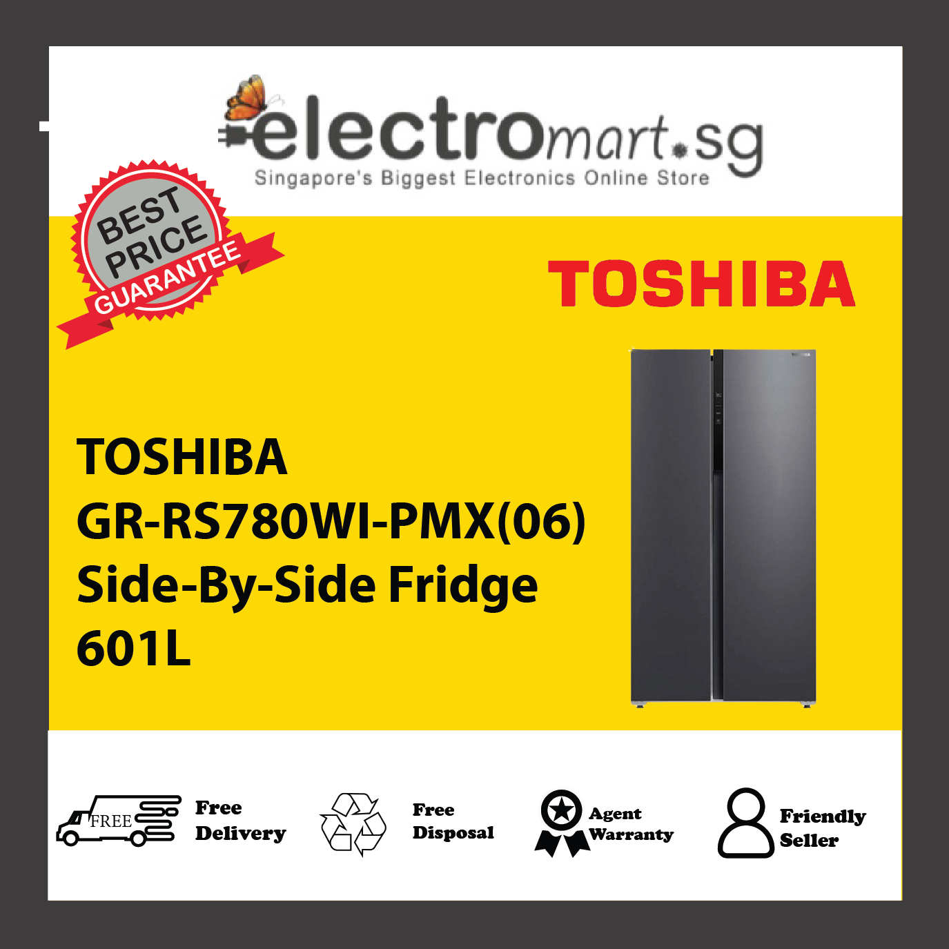 TOSHIBA GR-RS780WI-PMX(06) Side-By-Side Fridge 601L