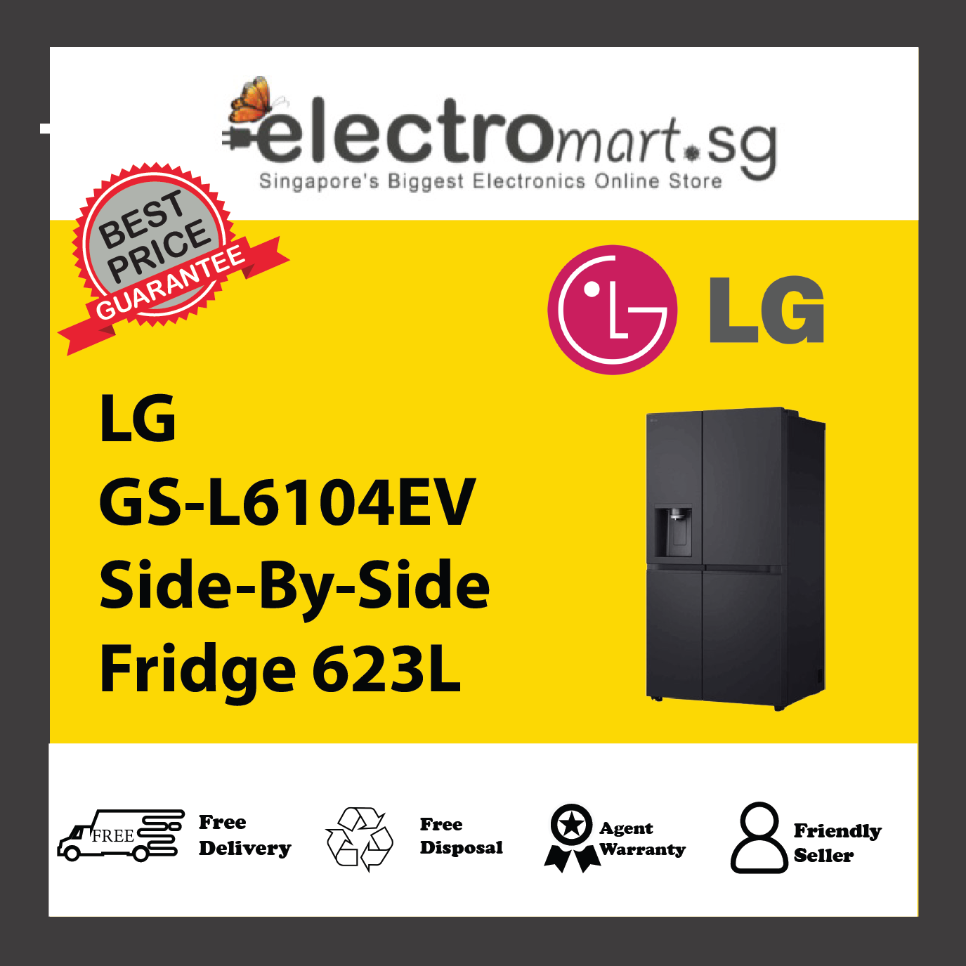 LG GS-L6104EV Side-By-Side Fridge 623L