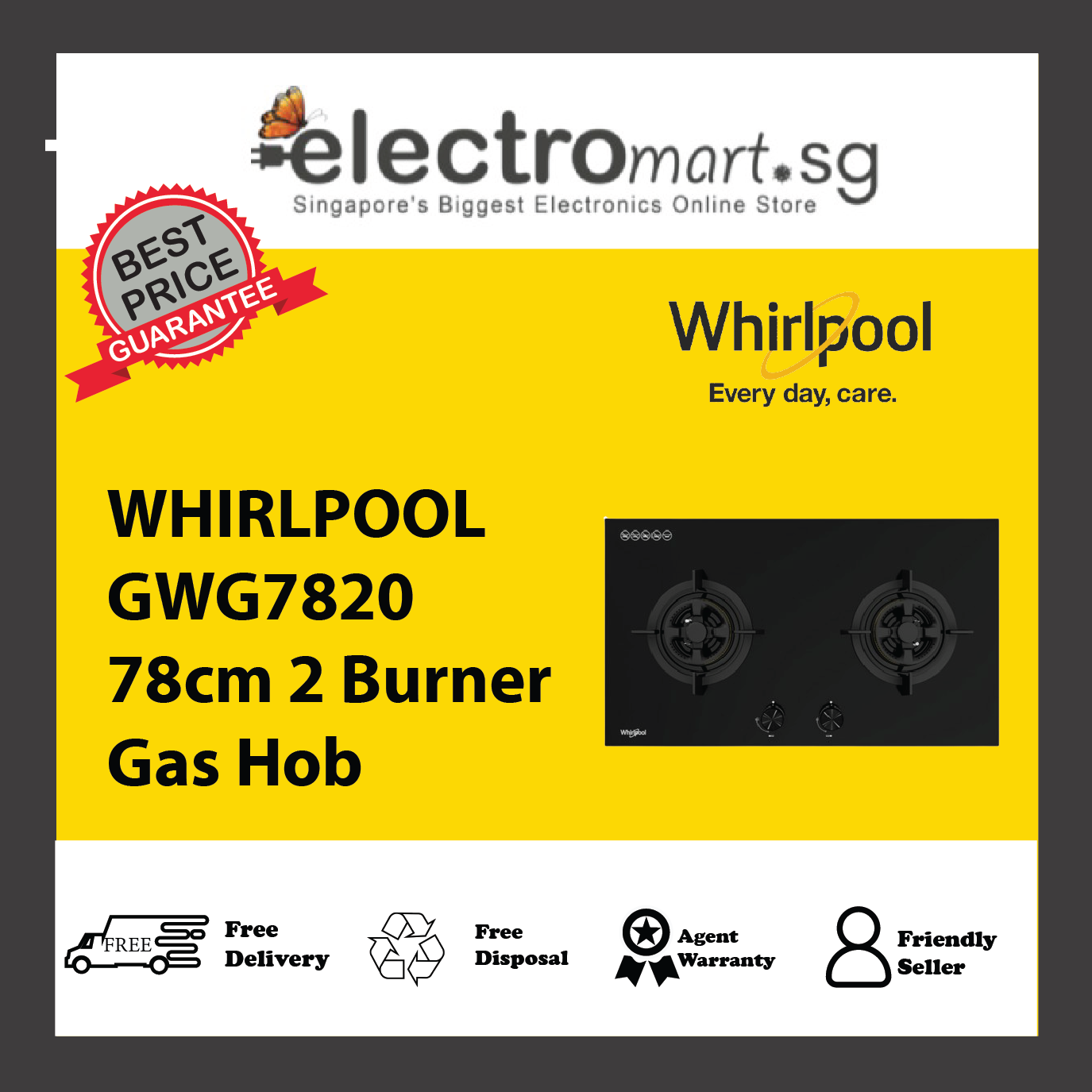 WHIRLPOOL GWG7820 78cm 2 Burner Gas Hob