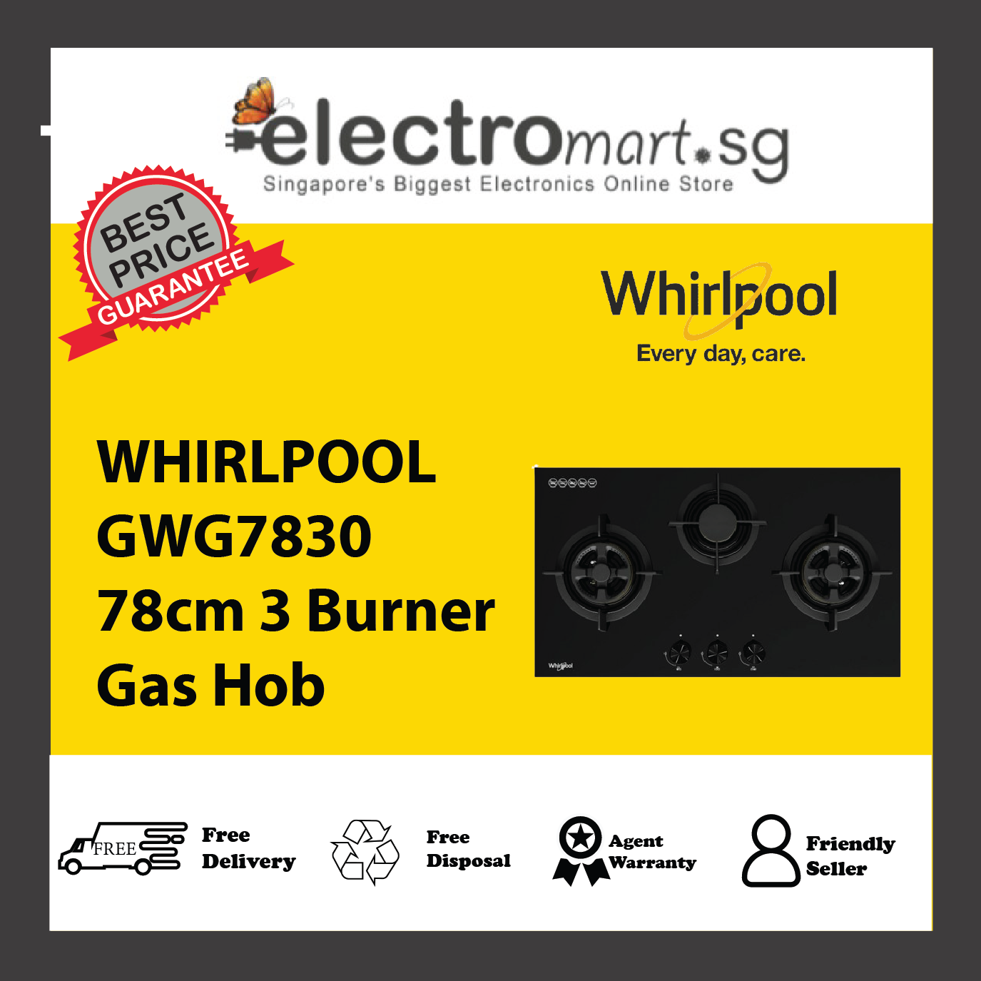 WHIRLPOOL GWG7830 78cm 3 Burner Gas Hob