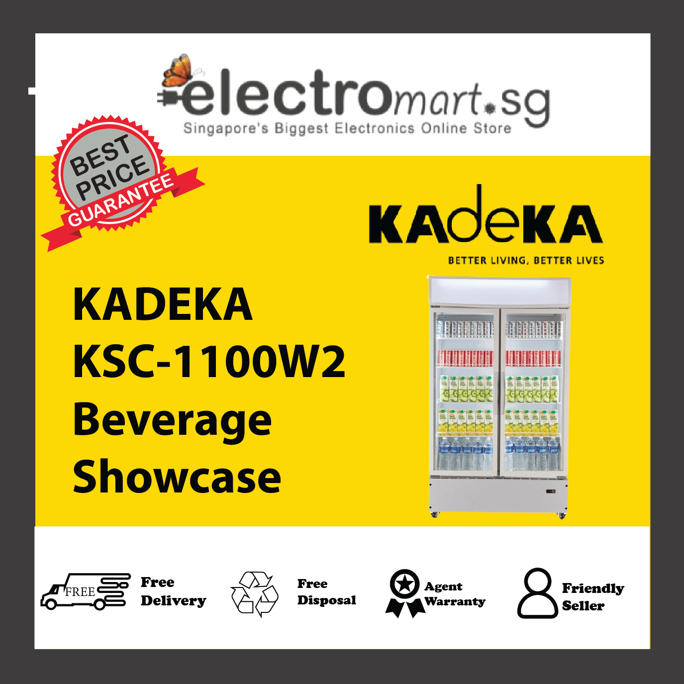 KADEKA KSC-1100W2 Upright Chiller 2-Door Beverage Showcase,  1100L
