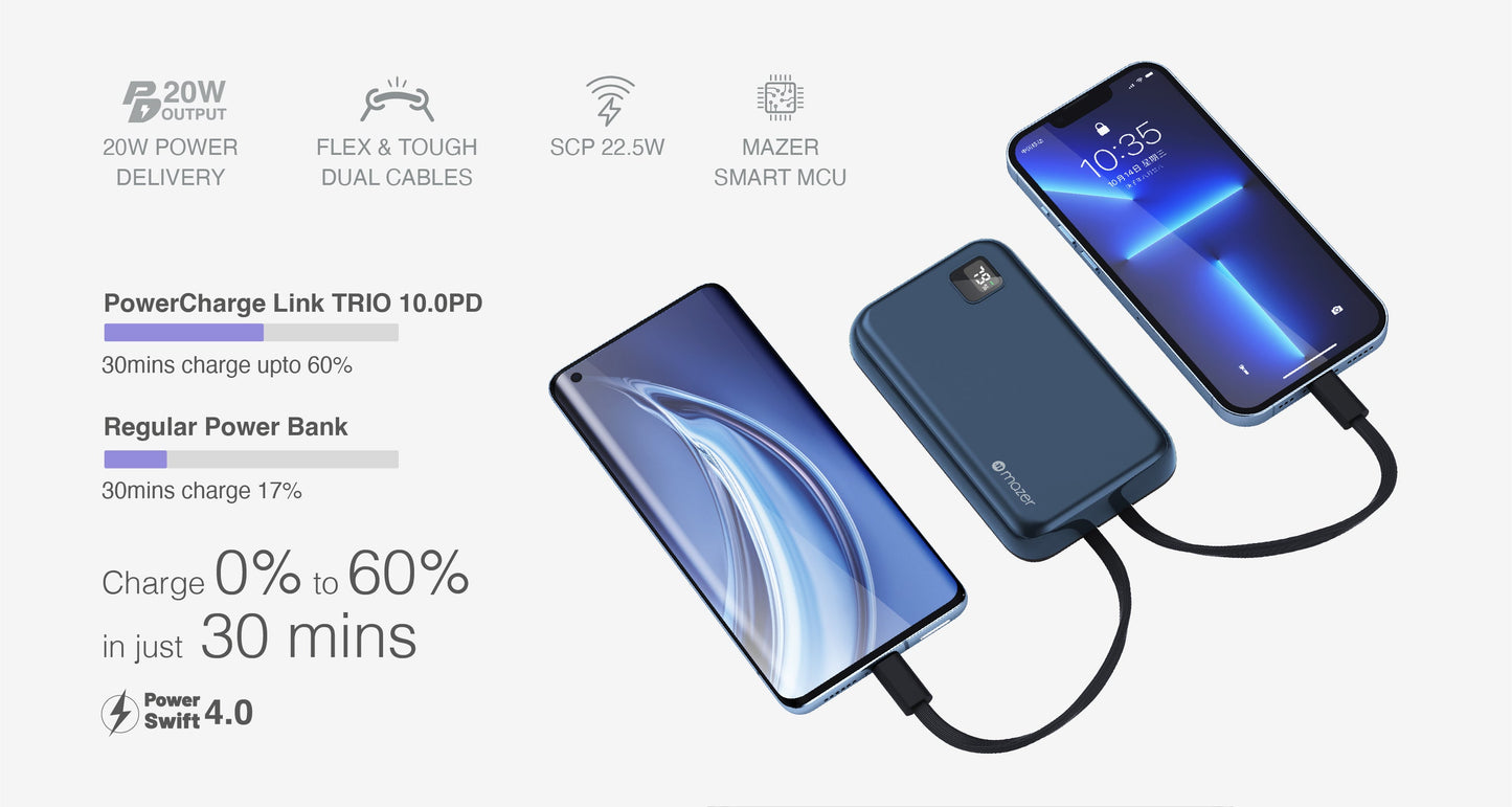 Mazer Link 10,000mAh (Built-in Lightning & USB C Cables) Power Bank