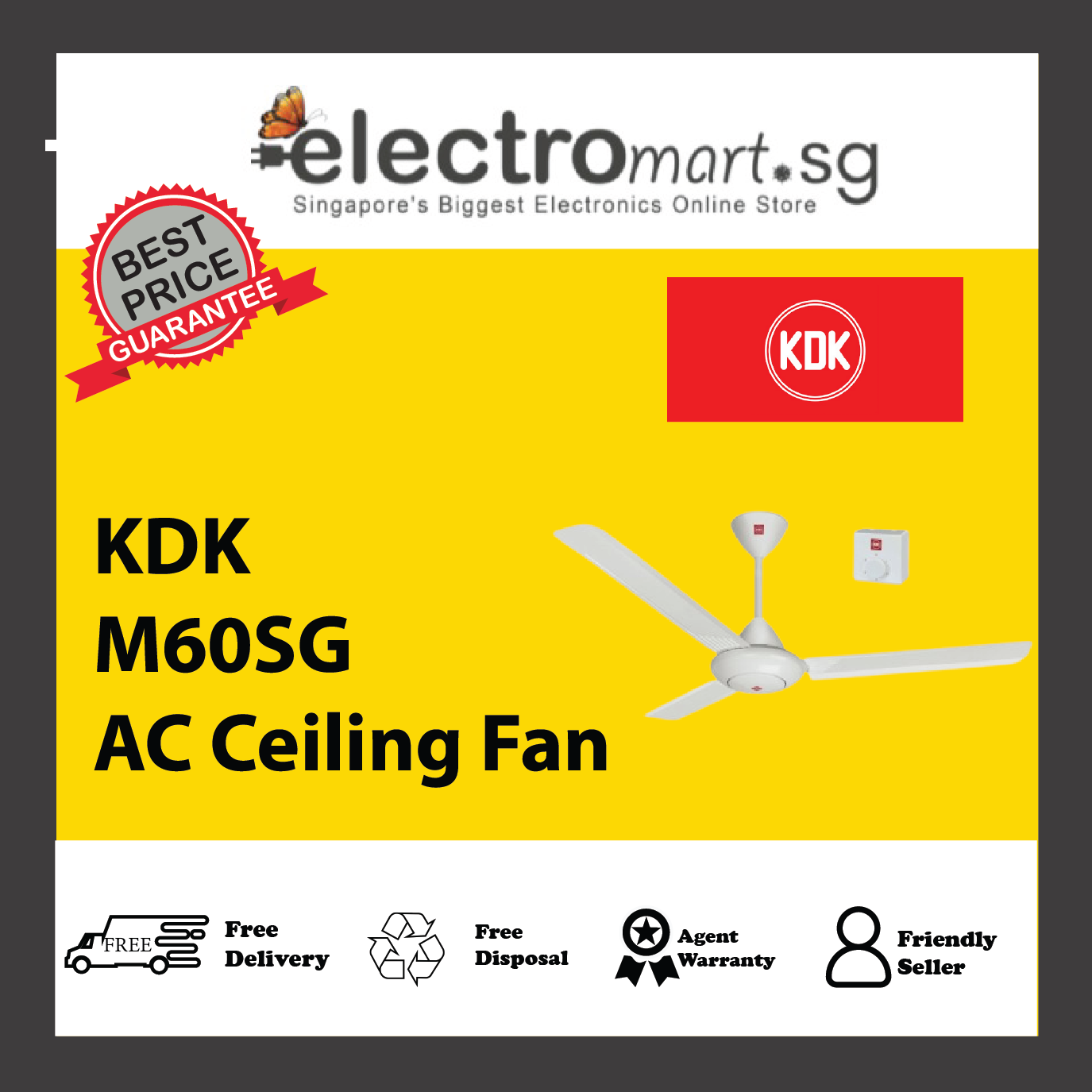 KDK M60SG 3-Blades AC Ceiling Fan with Regulator Control (150cm)