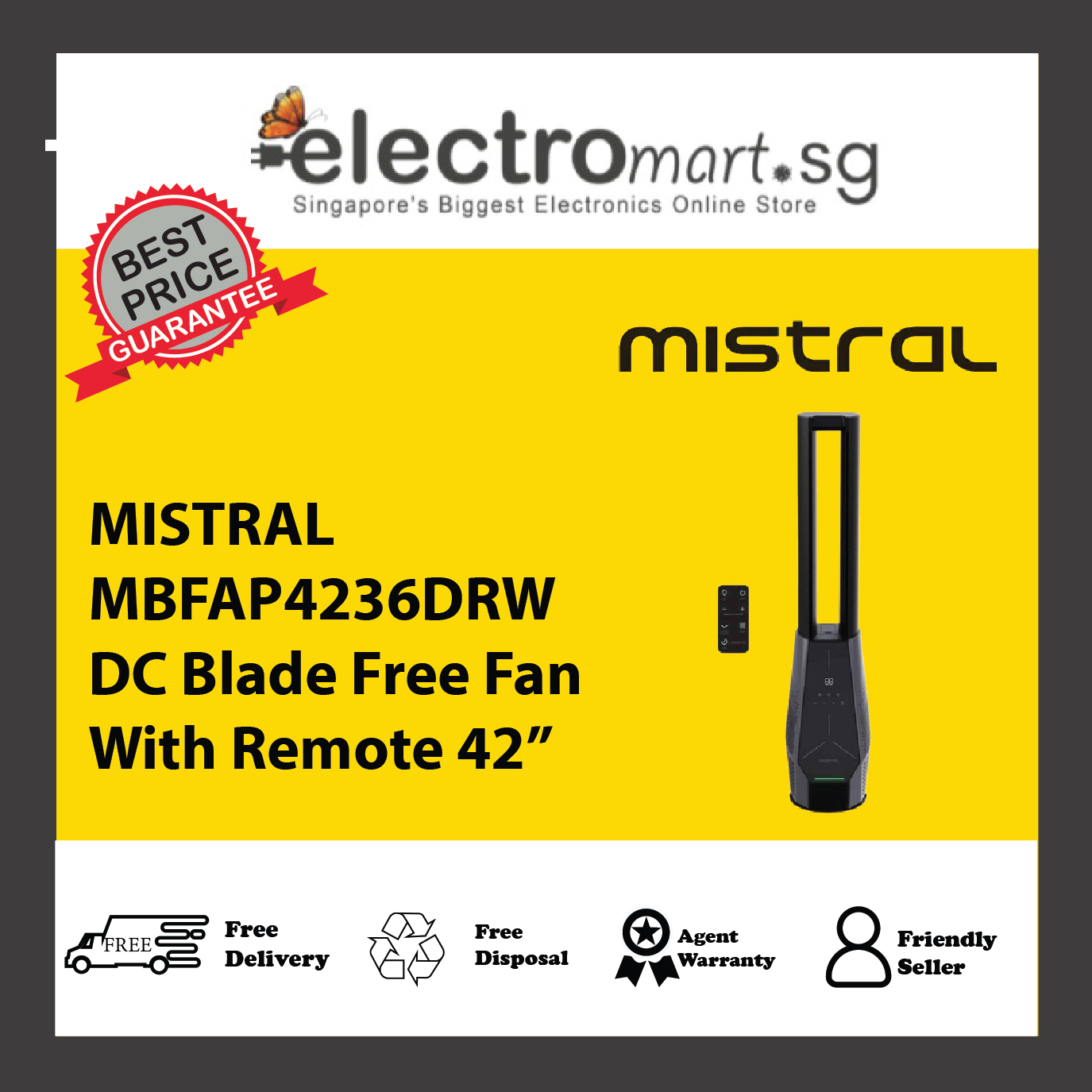 MISTRAL MBFAP4236DRW DC Blade Free Fan With Remote 42”