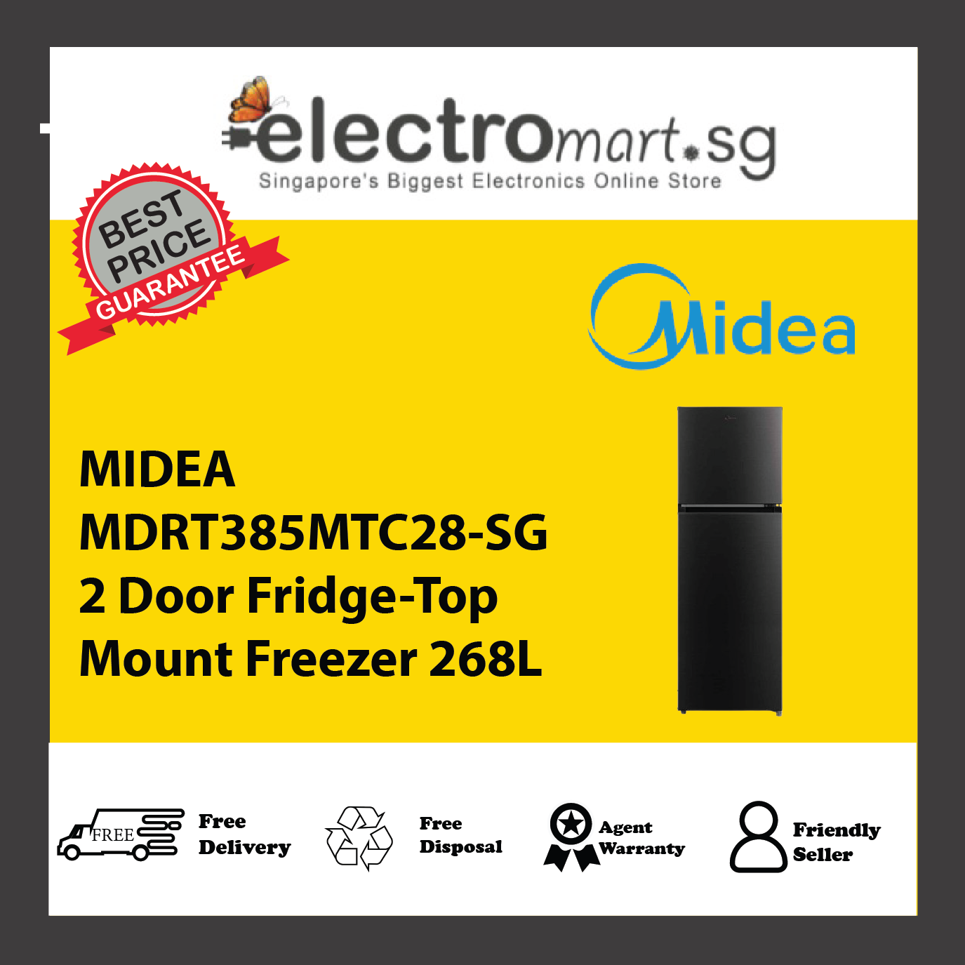 MIDEA MDRT385MTC28-SG 2 Door Fridge-Top Mount Freezer 268L