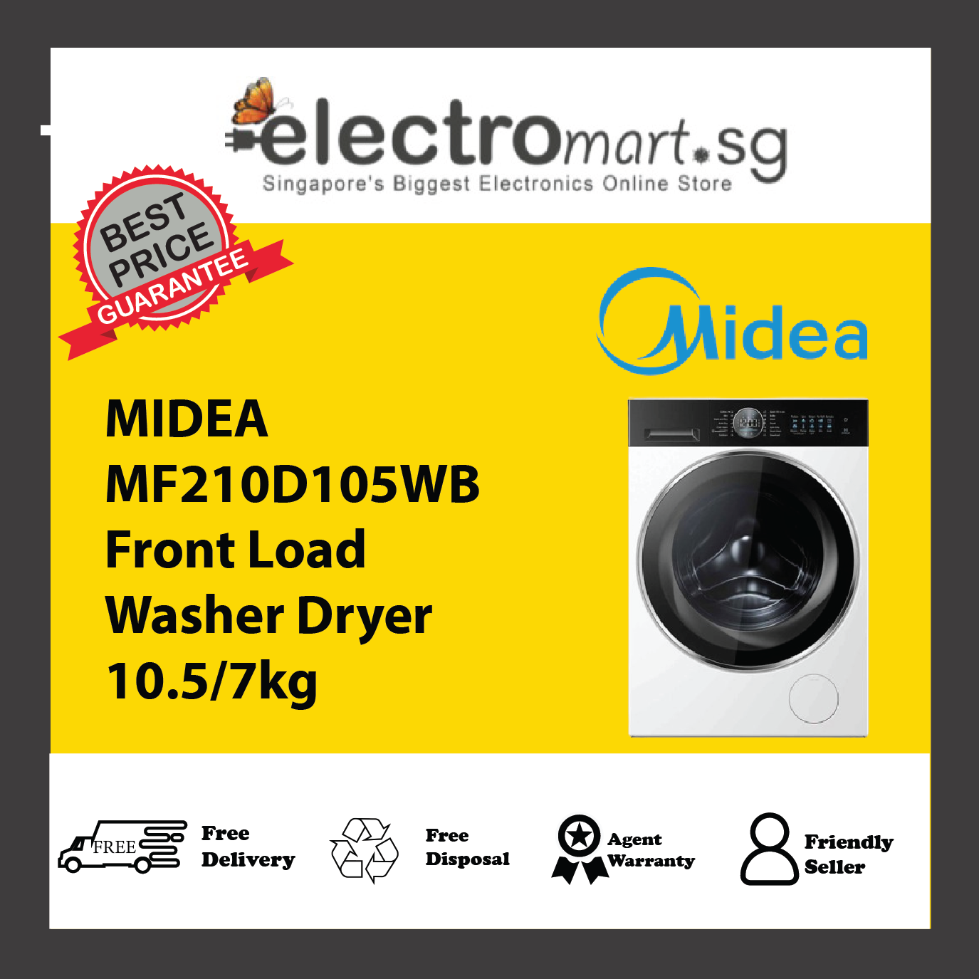 MIDEA MF210D105WB Front Load Washer Dryer 10.5/7kg