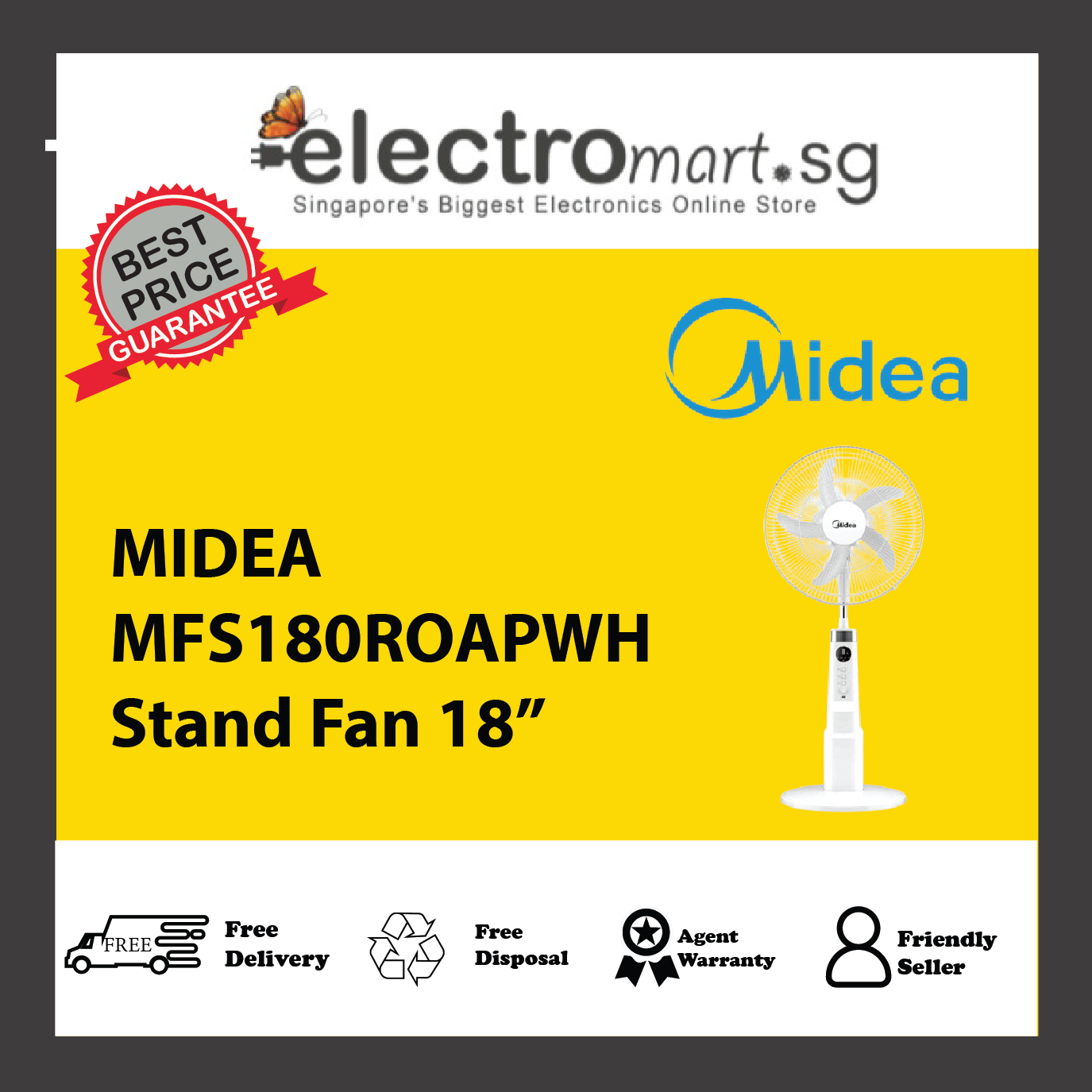 MIDEA MFS180ROAPWH DC Rechargeable Stand Fan 18”