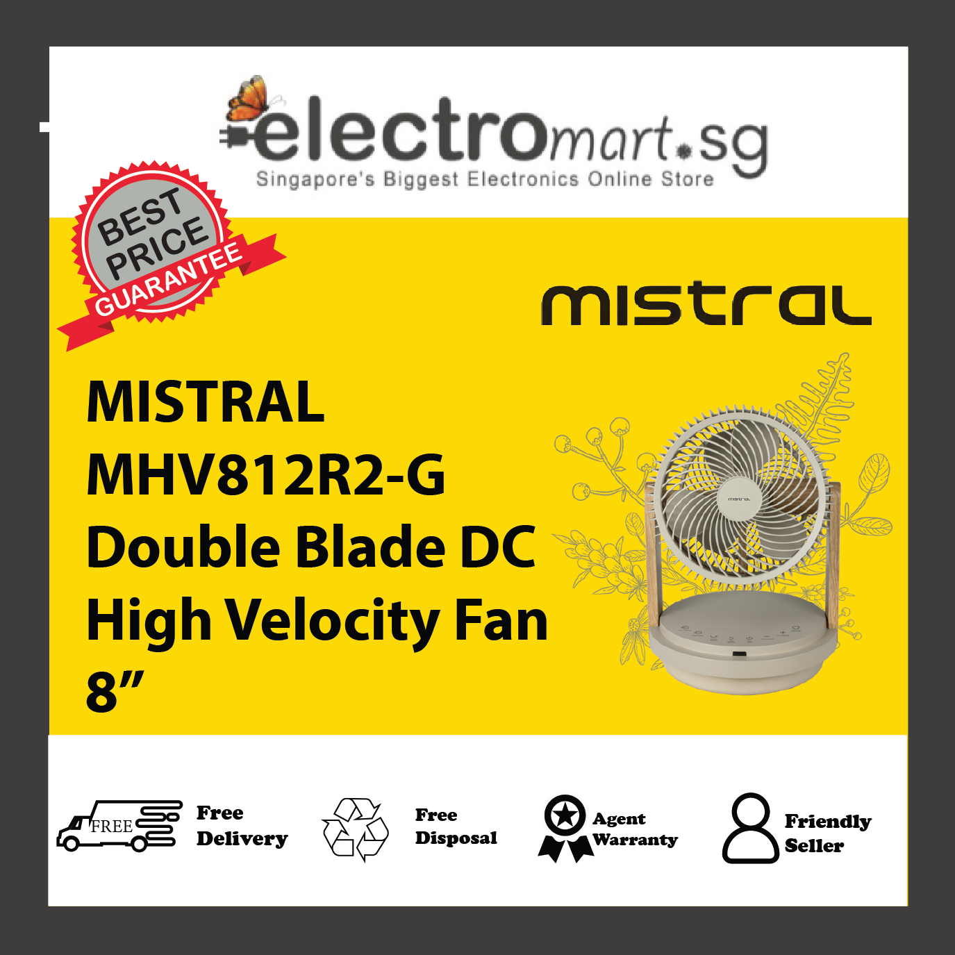 MISTRAL MHV812R2-G Double Blade DC High Velocity Fan with Remote 8”