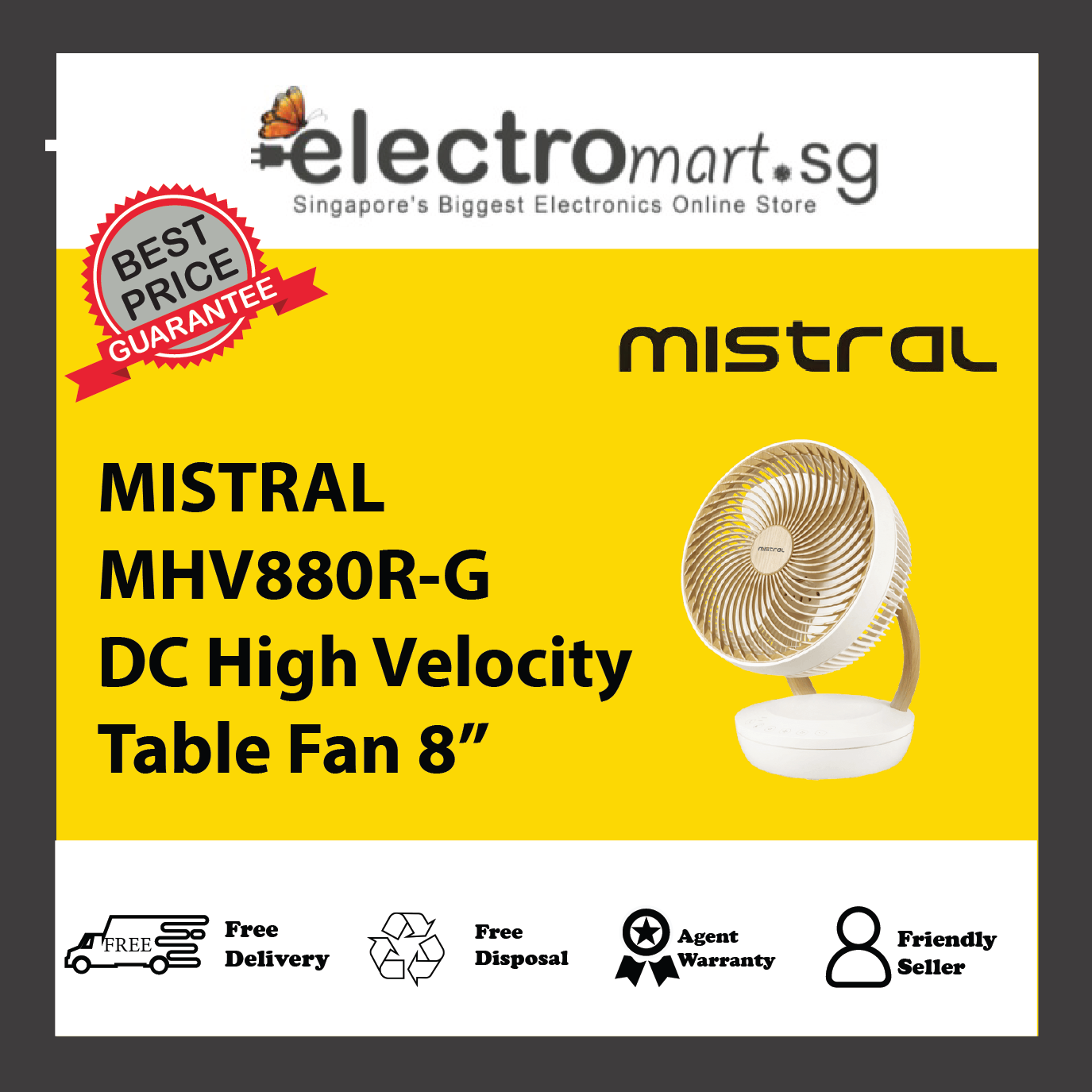 MISTRAL MHV880R-G DC High Velocity Table Fan 8”