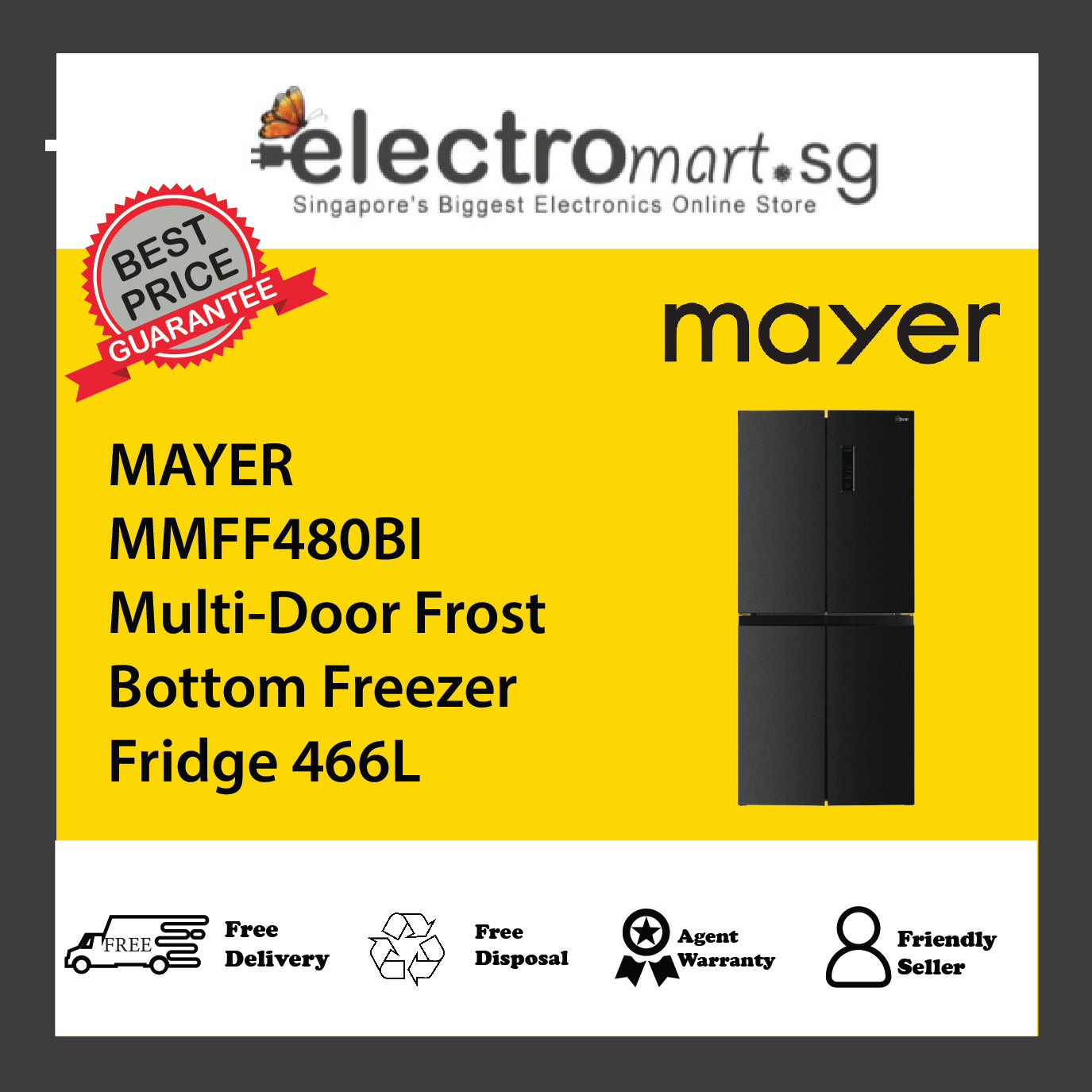 MAYER MMFF480BI Multi-Door Frost Bottom Freezer Fridge 466L