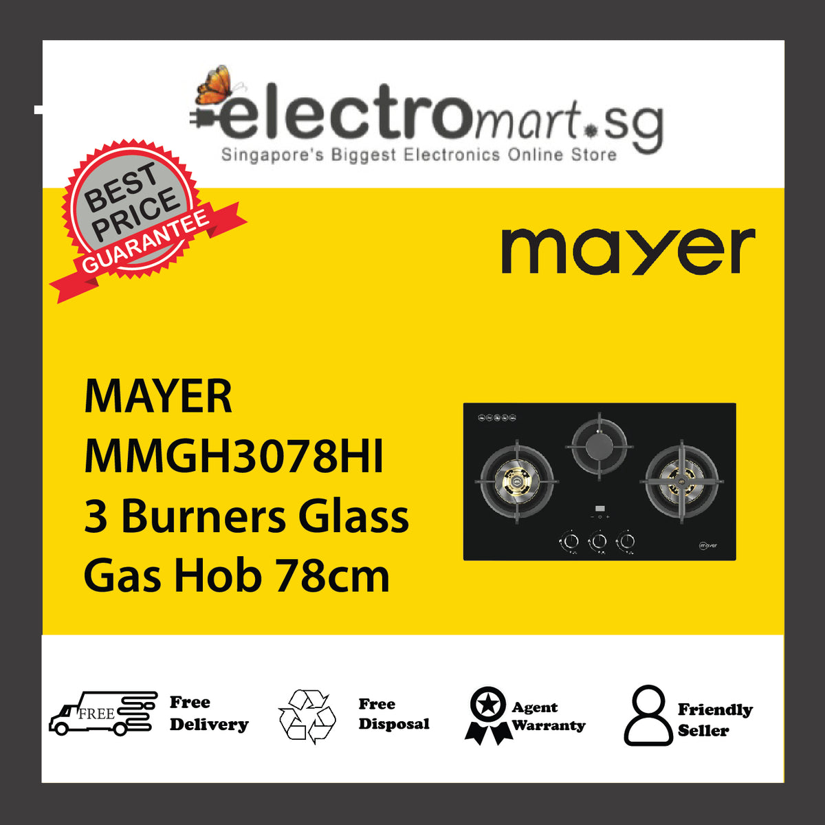 MAYER MMGH3078HI 3 Burners Glass Gas Hob 78cm