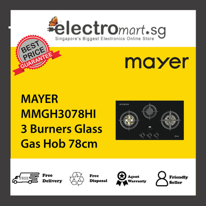 MAYER MMGH3078HI 3 Burners Glass Gas Hob 78cm