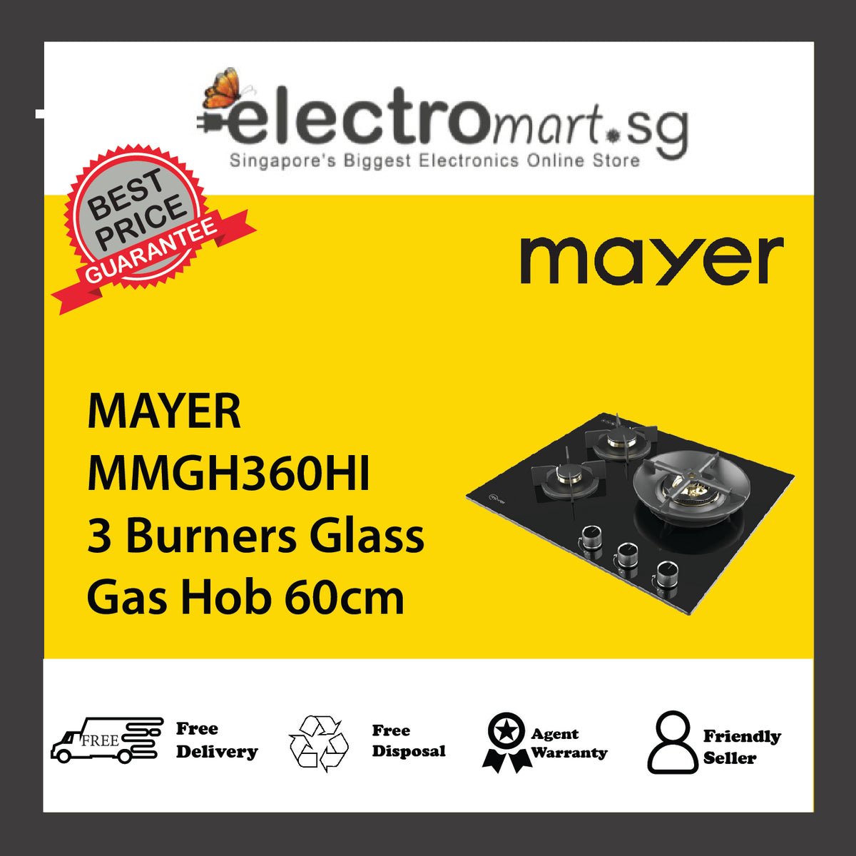 MAYER MMGH360HI 3 Burners Glass Gas Hob 60cm
