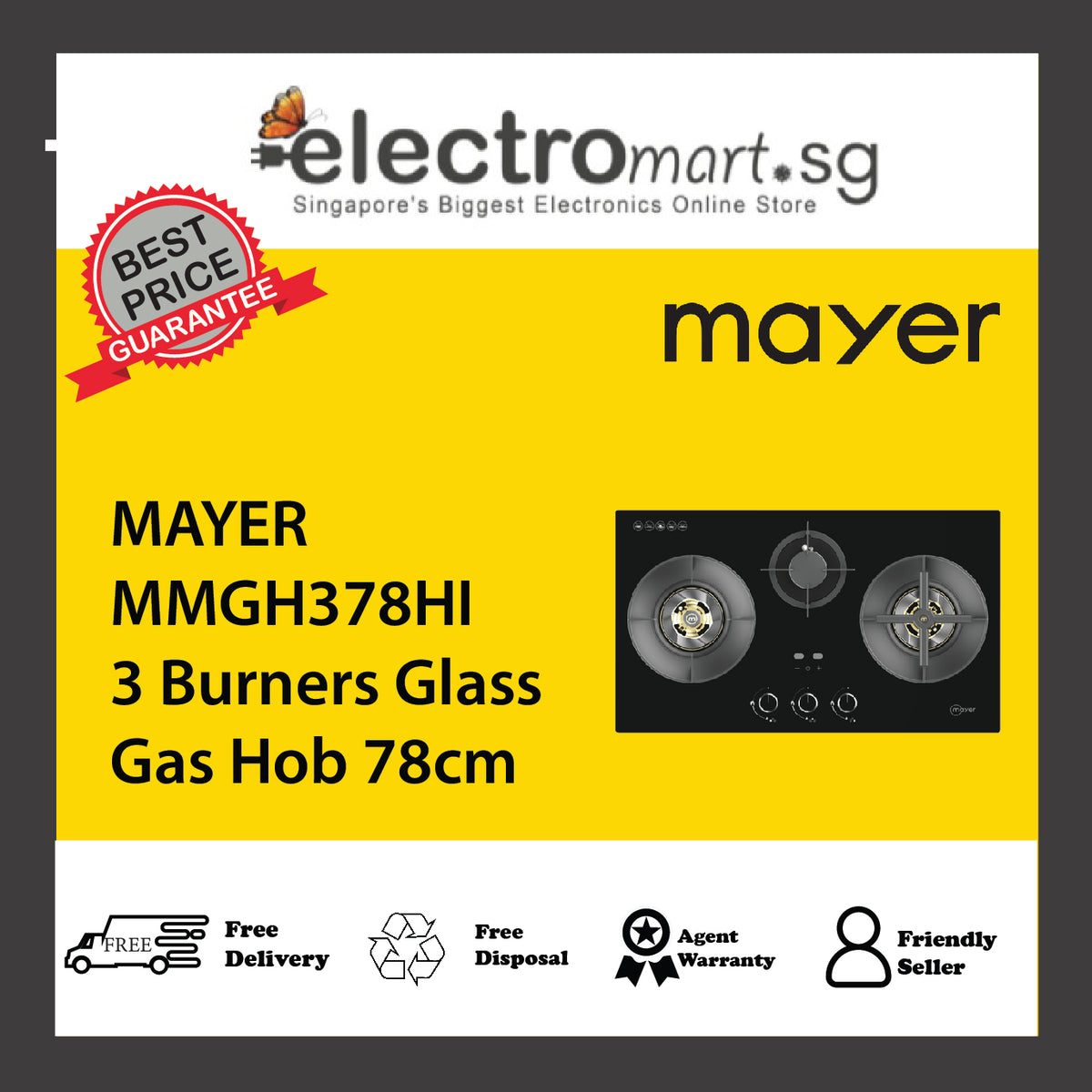 MAYER MMGH378HI 3 Burners Glass Gas Hob 78cm