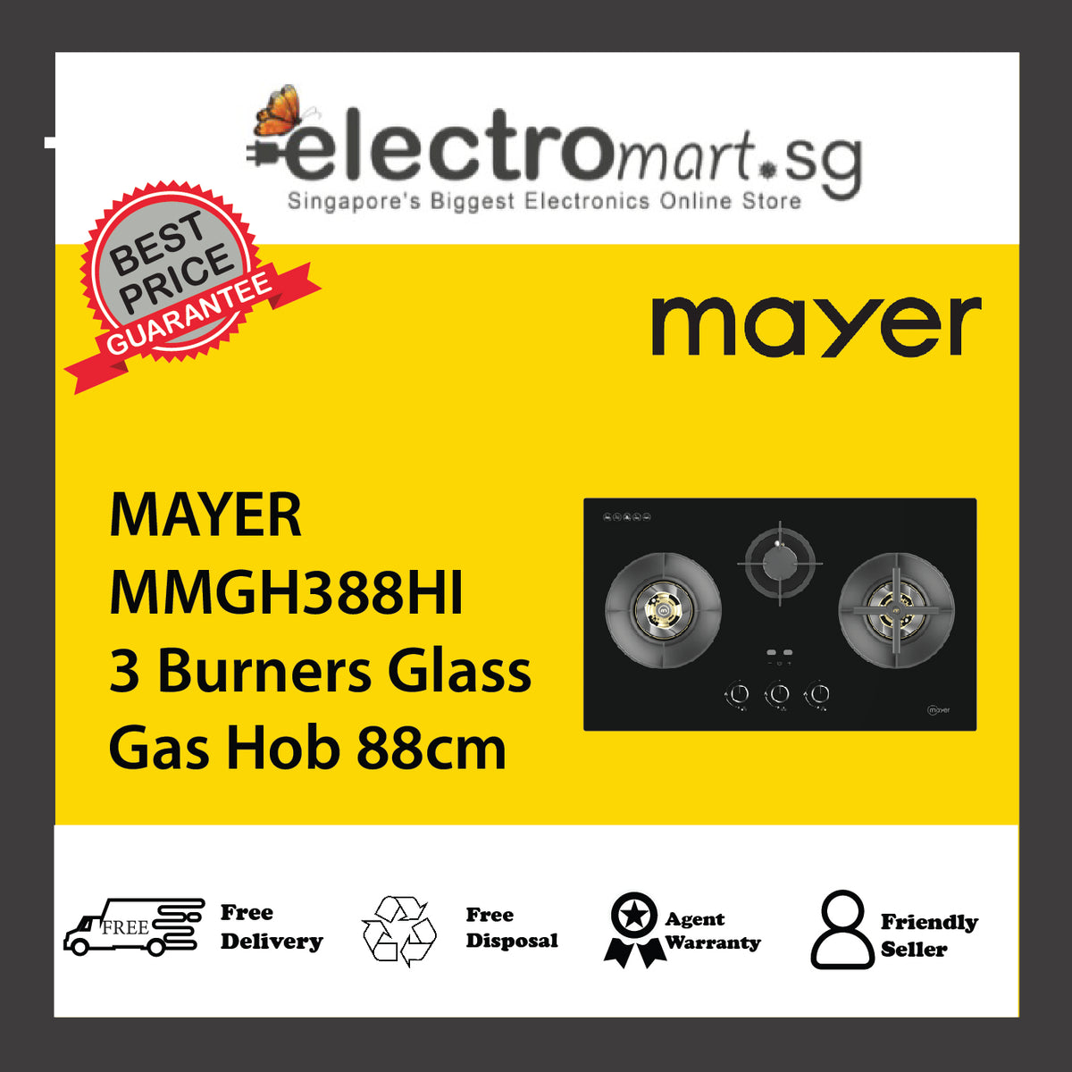 MAYER MMGH388HI 3 Burners Glass Gas Hob 88cm