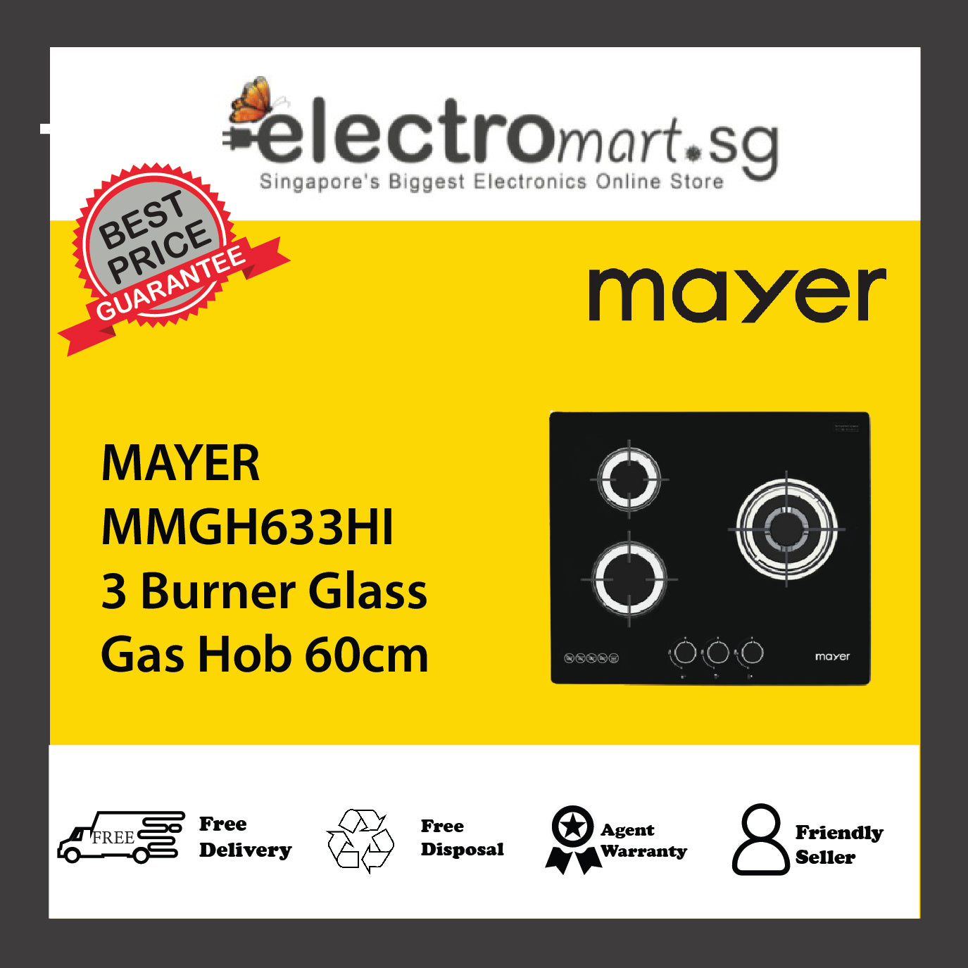 MAYER MMGH633HI 3 Burner Glass Gas Hob 60cm