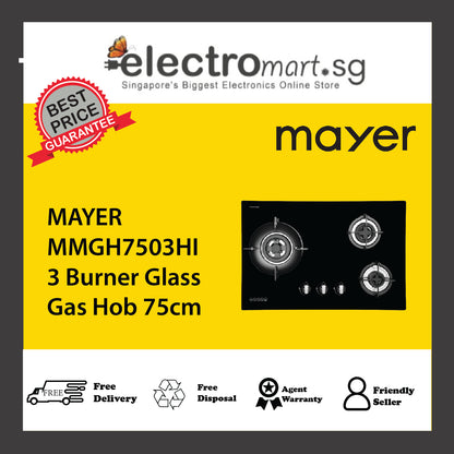 MAYER MMGH7503HI 3 Burner Glass Gas Hob 75cm