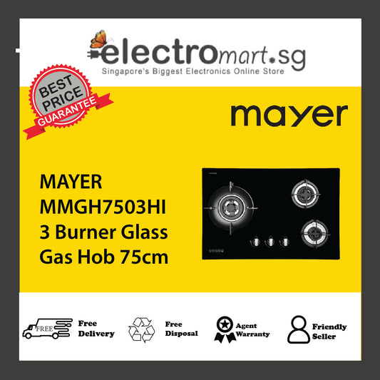 MAYER MMGH7503HI 3 Burner Glass Gas Hob 75cm