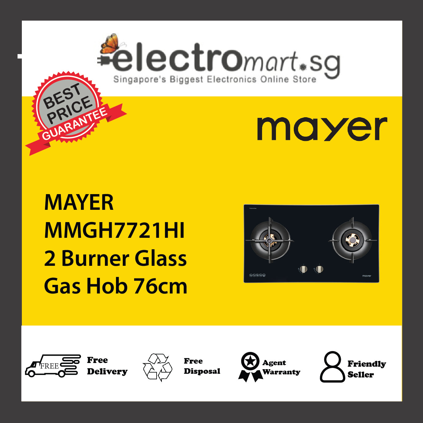 MAYER MMGH7721HI 2 Burner Glass Gas Hob 76cm