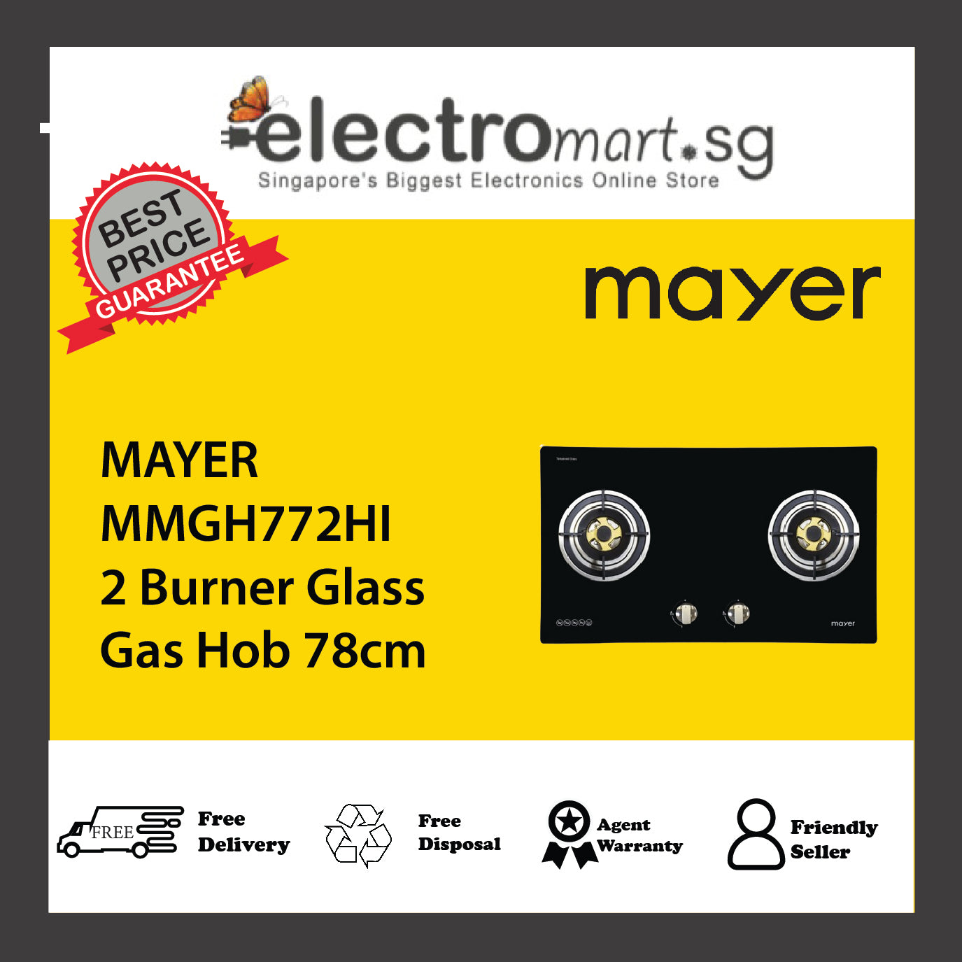 MAYER MMGH772HI 2 Burner Glass Gas Hob 78cm