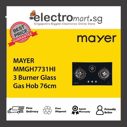 MAYER MMGH7731HI 3 Burner Glass Gas Hob 76cm
