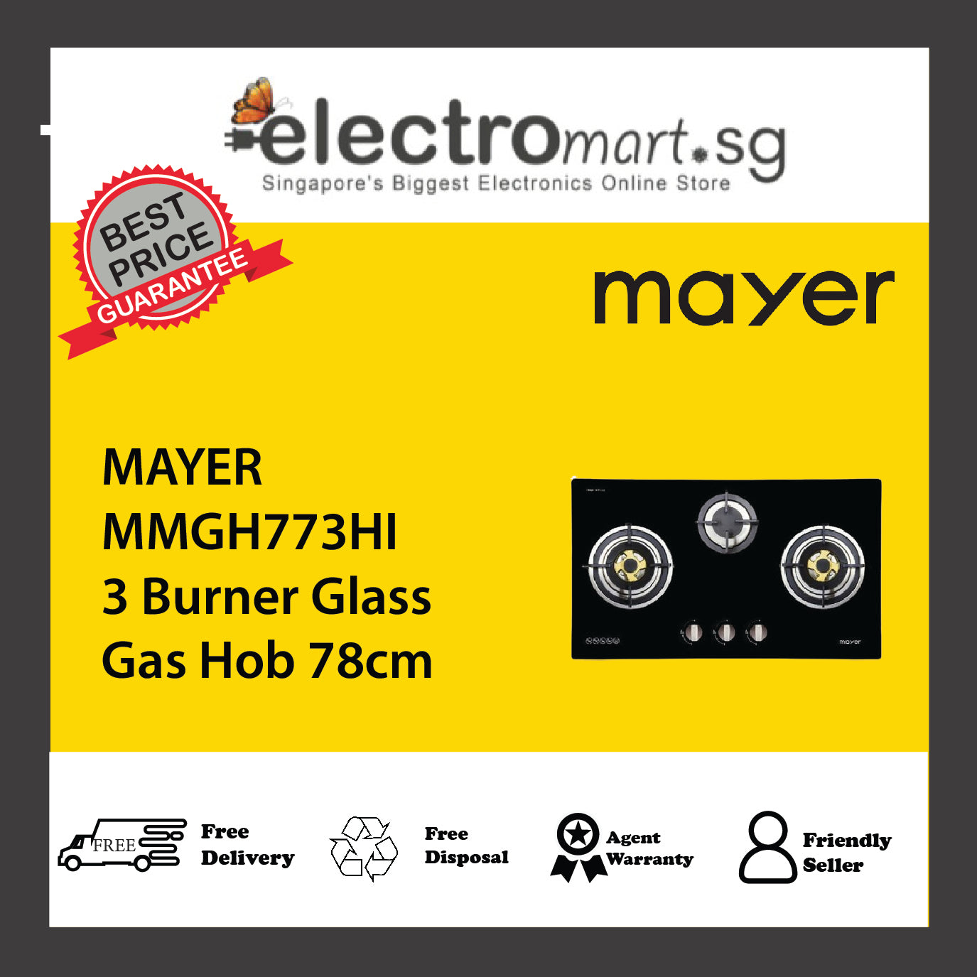 MAYER MMGH773HI 3 Burner Glass Gas Hob 78cm