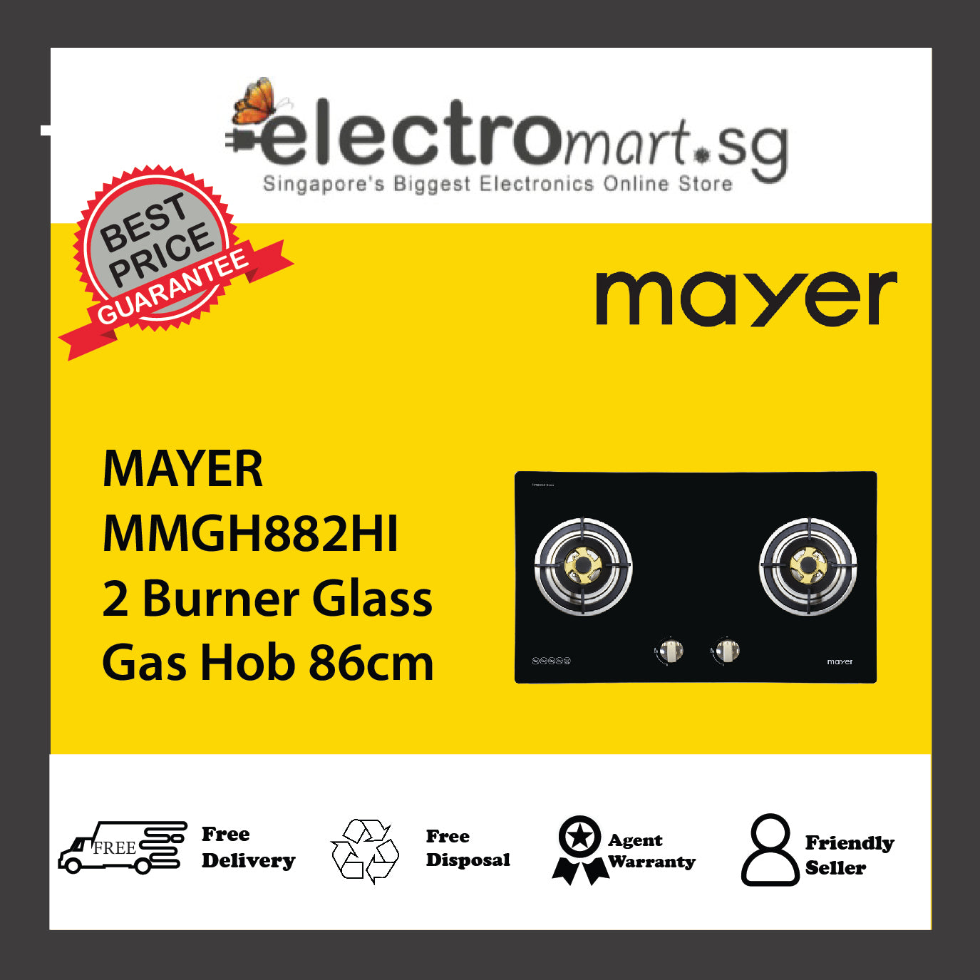 MAYER MMGH882HI 2 Burner Glass Gas Hob 86cm