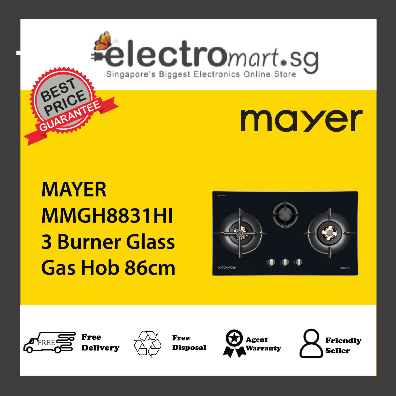 MAYER MMGH8831HI 3 Burner Glass Gas Hob 86cm