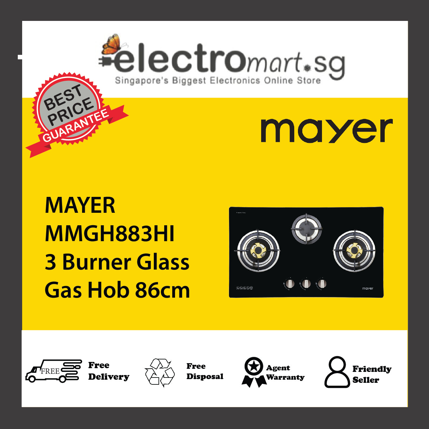 MAYER MMGH883HI 3 Burner Glass Gas Hob 86cm