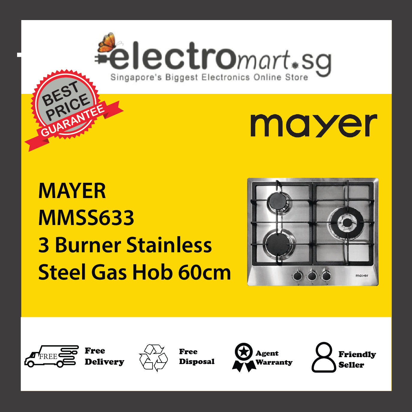 MAYER MMSS633 3 Burner Stainless Steel Gas Hob 60cm