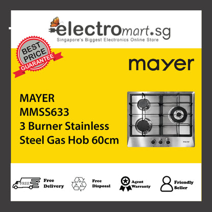 MAYER MMSS633 3 Burner Stainless Steel Gas Hob 60cm