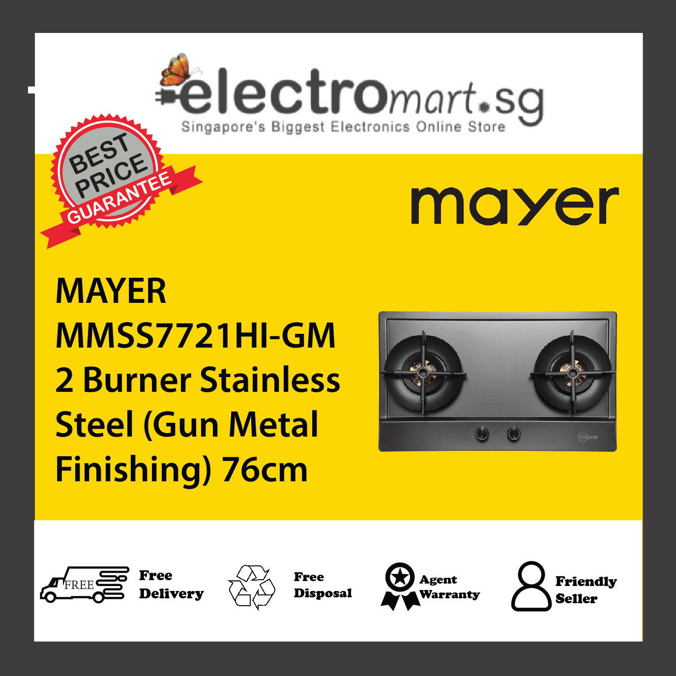 MAYER MMSS7721HI-GM 2 Burner Stainless Steel (Gun Metal Finishing) 76cm
