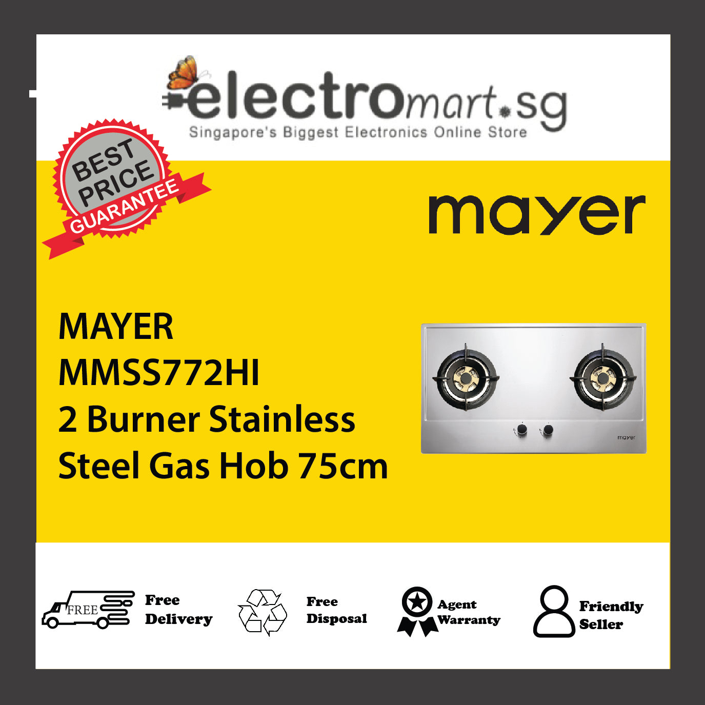 MAYER MMSS772HI 2 Burner Stainless Steel Gas Hob 75cm