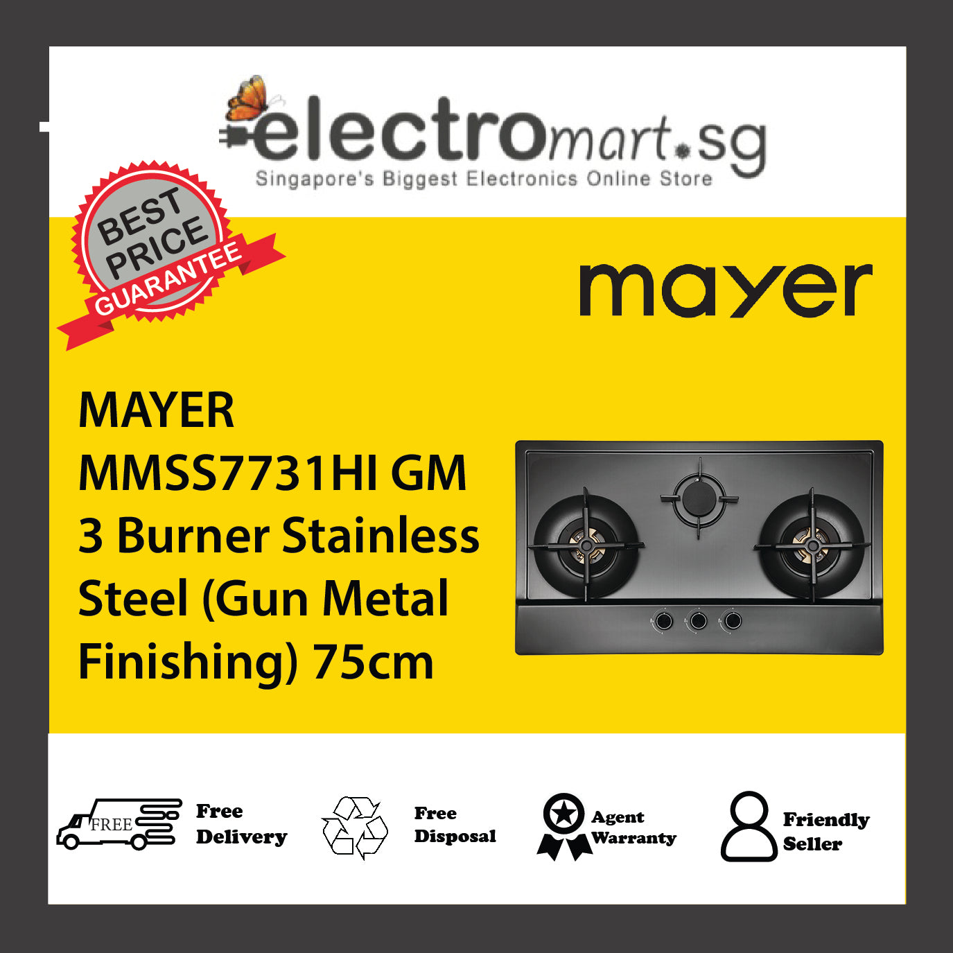 MAYER MMSS7731HI GM 3 Burner Stainless Steel (Gun Metal Finishing) 75cm