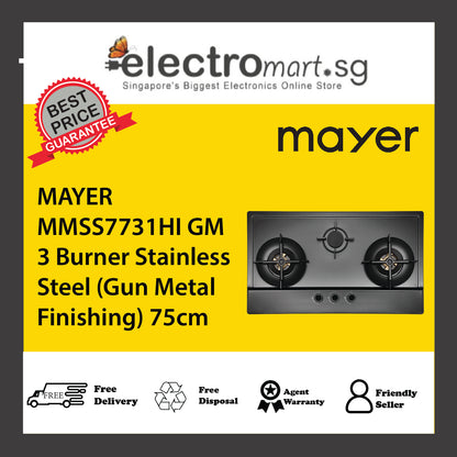 MAYER MMSS7731HI GM 3 Burner Stainless Steel (Gun Metal Finishing) 75cm