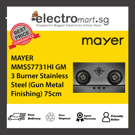 MAYER MMSS7731HI GM 3 Burner Stainless Steel (Gun Metal Finishing) 75cm