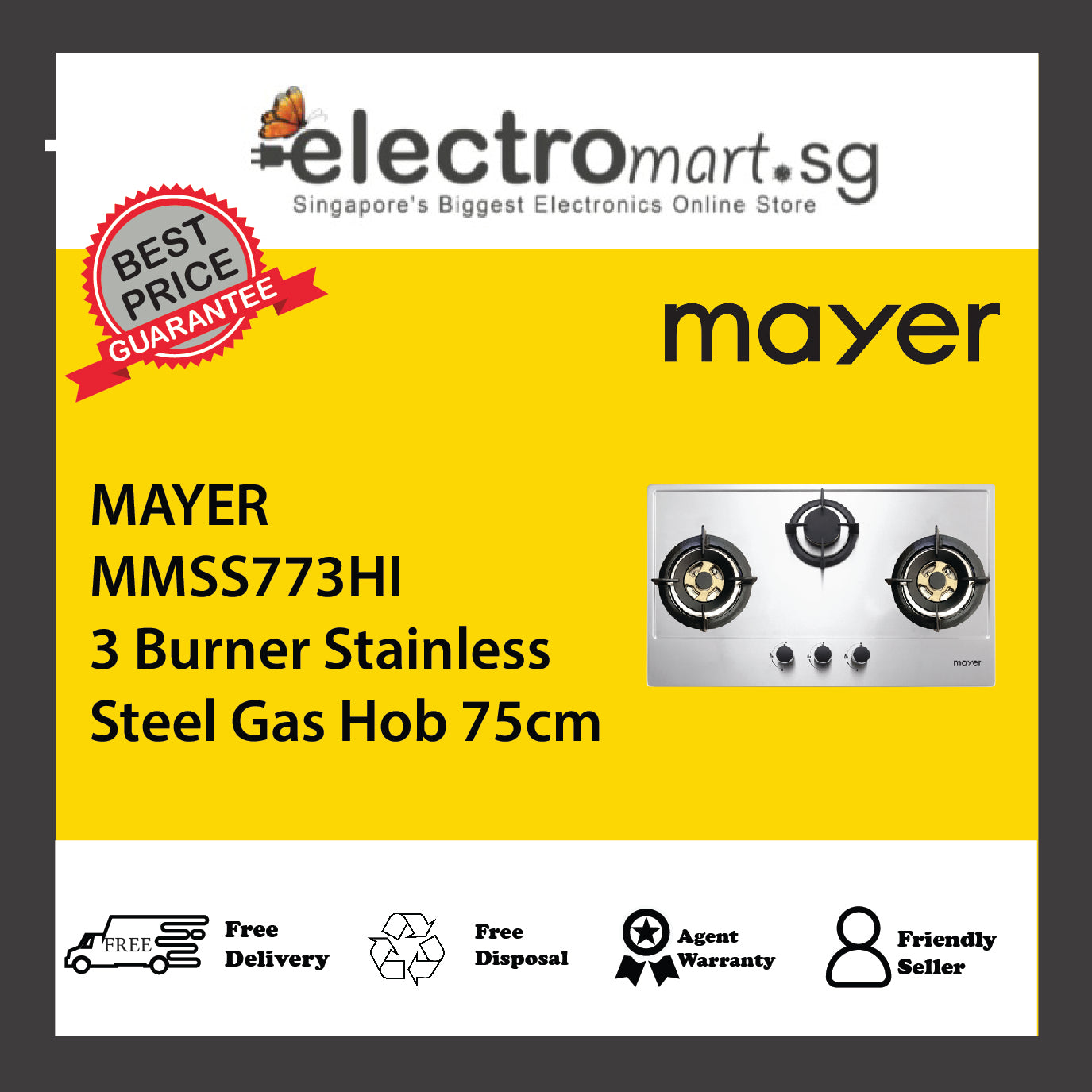 MAYER MMSS773HI 3 Burner Stainless Steel Gas Hob 75cm