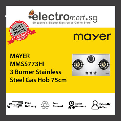 MAYER MMSS773HI 3 Burner Stainless Steel Gas Hob 75cm