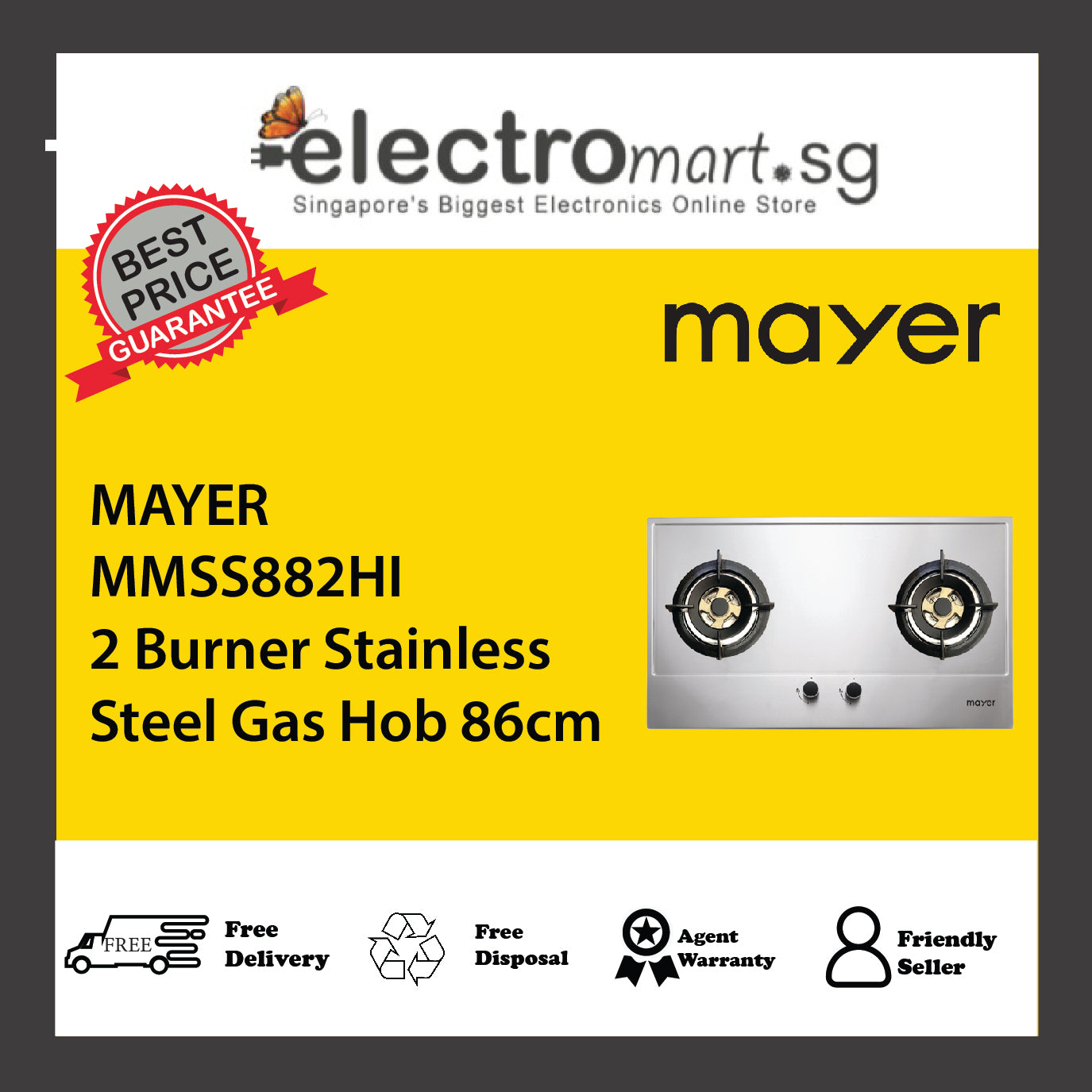 MAYER MMSS882HI 2 Burner Stainless Steel Gas Hob 86cm
