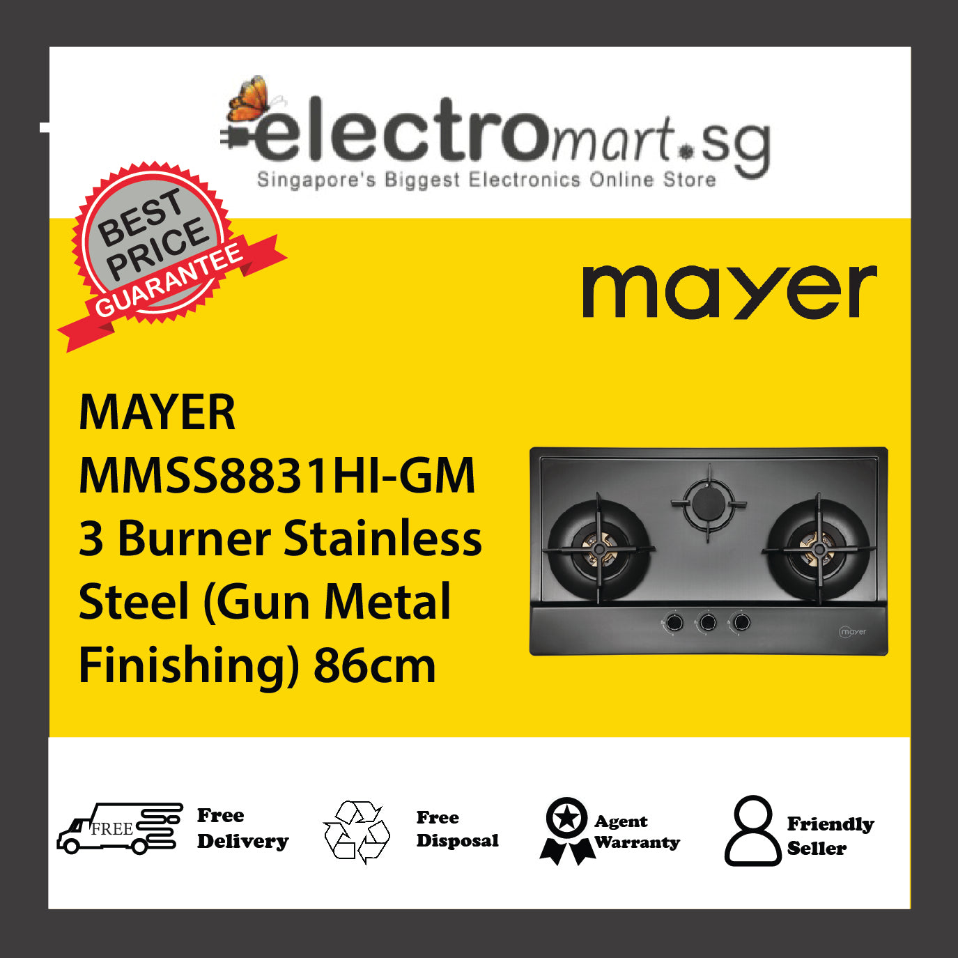 MAYER MMSS8831HI-GM	 3 Burner Stainless Steel Gas Hob (Gun Metal Finishing) 86cm