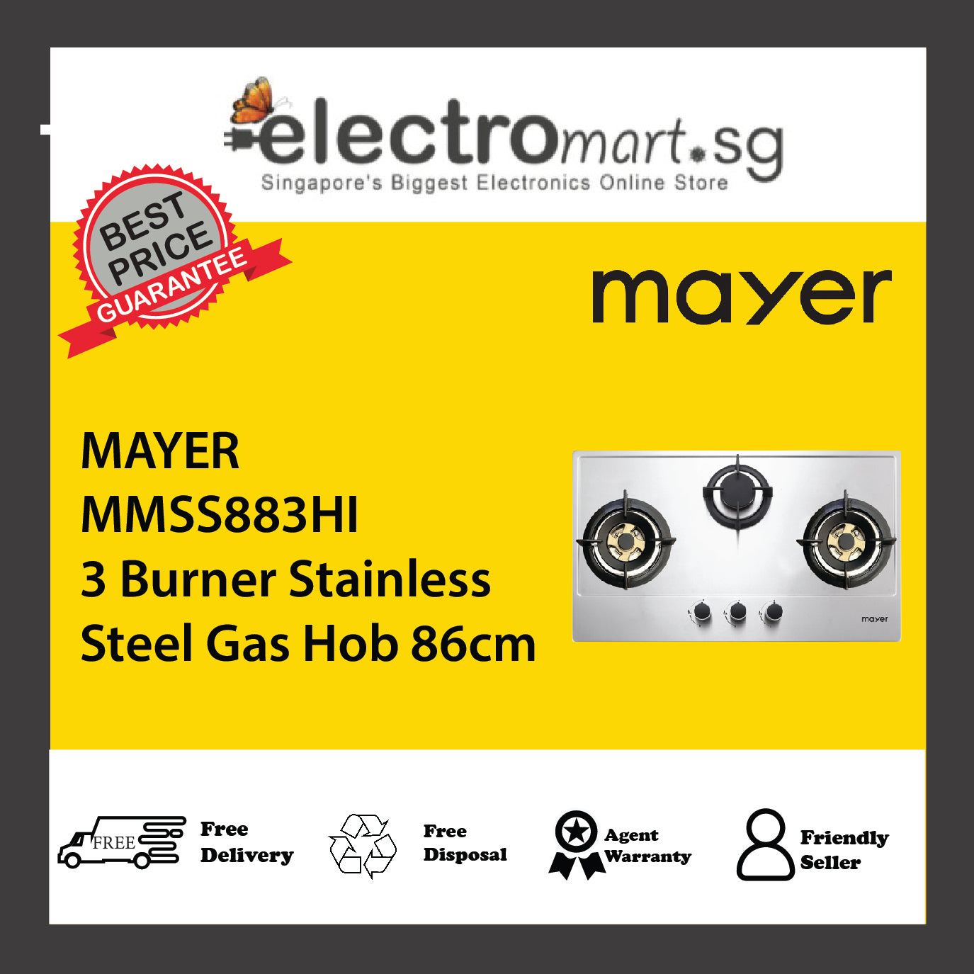 MAYER MMSS883HI 3 Burner Stainless Steel Gas Hob 86cm