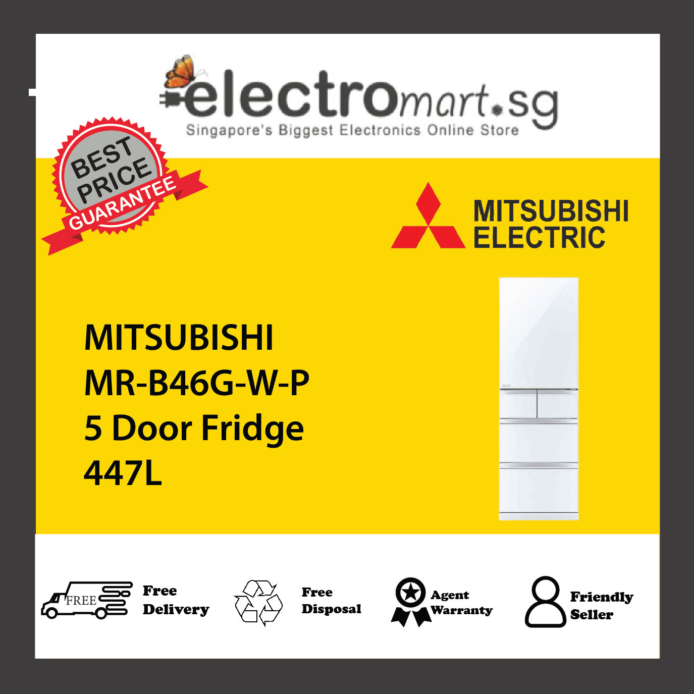 MITSUBISHI MR-B46G-W-P 5 Door Fridge 447L