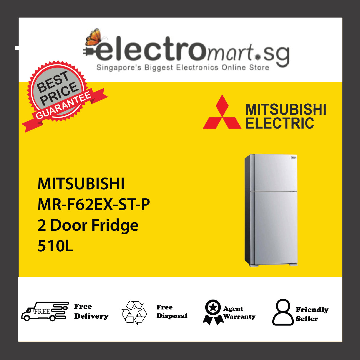 MITSUBISHI MR-F62EX-ST-P 2 Door Fridge 510L – Electromart.sg Pte Ltd