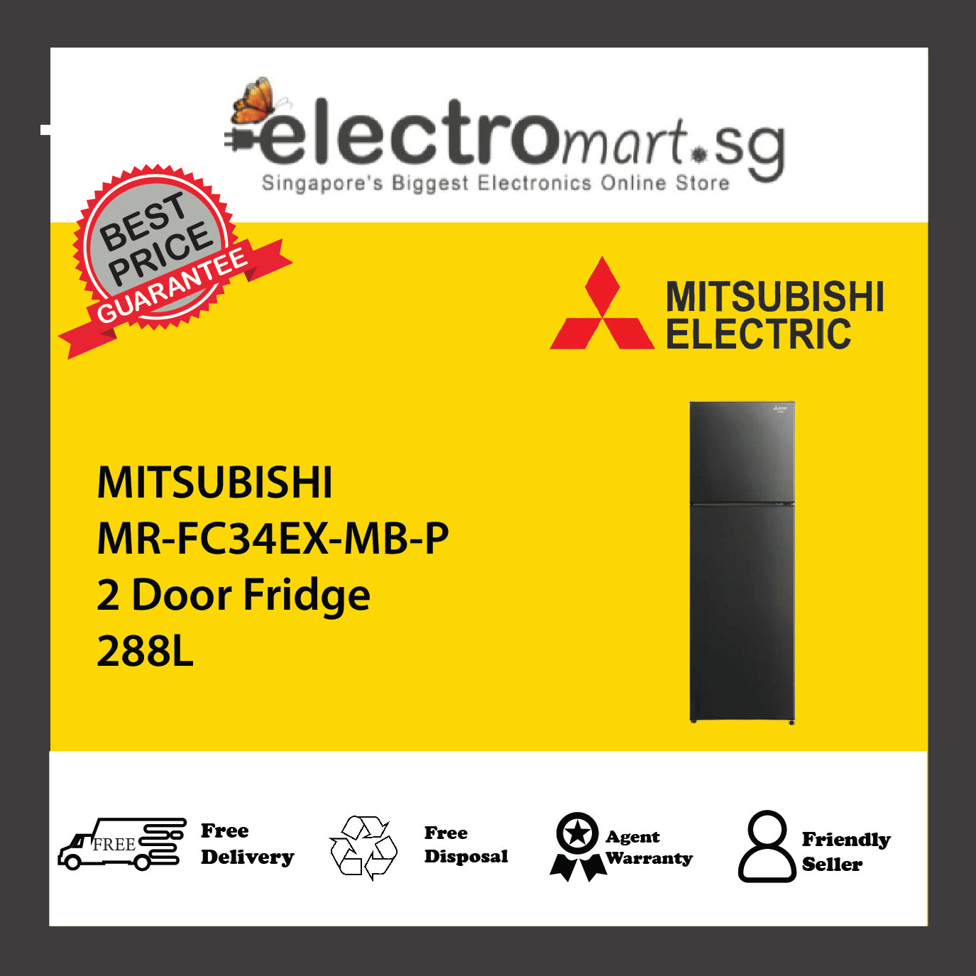 MITSUBISHI MR-FC34EX-MB-P 2 Door Fridge 288L