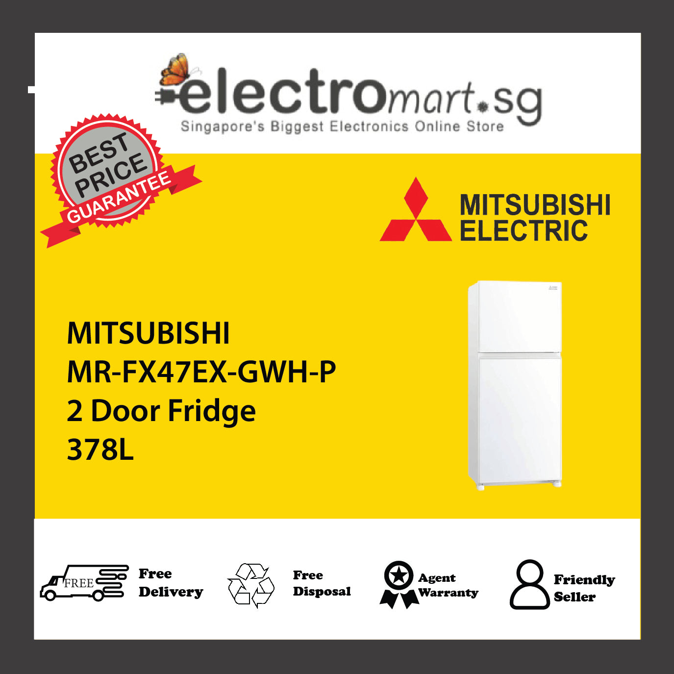 MITSUBISHI MR-FX47EX-GWH-P 2 Door Fridge 378L