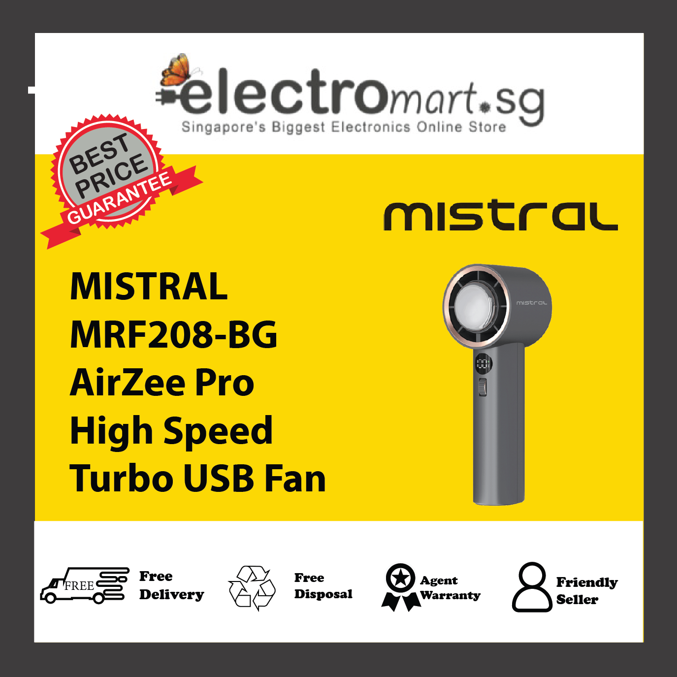 MISTRAL MRF208-BG AirZee Pro - High Speed Turbo USB Fan with Cooling Conductor Black Grey