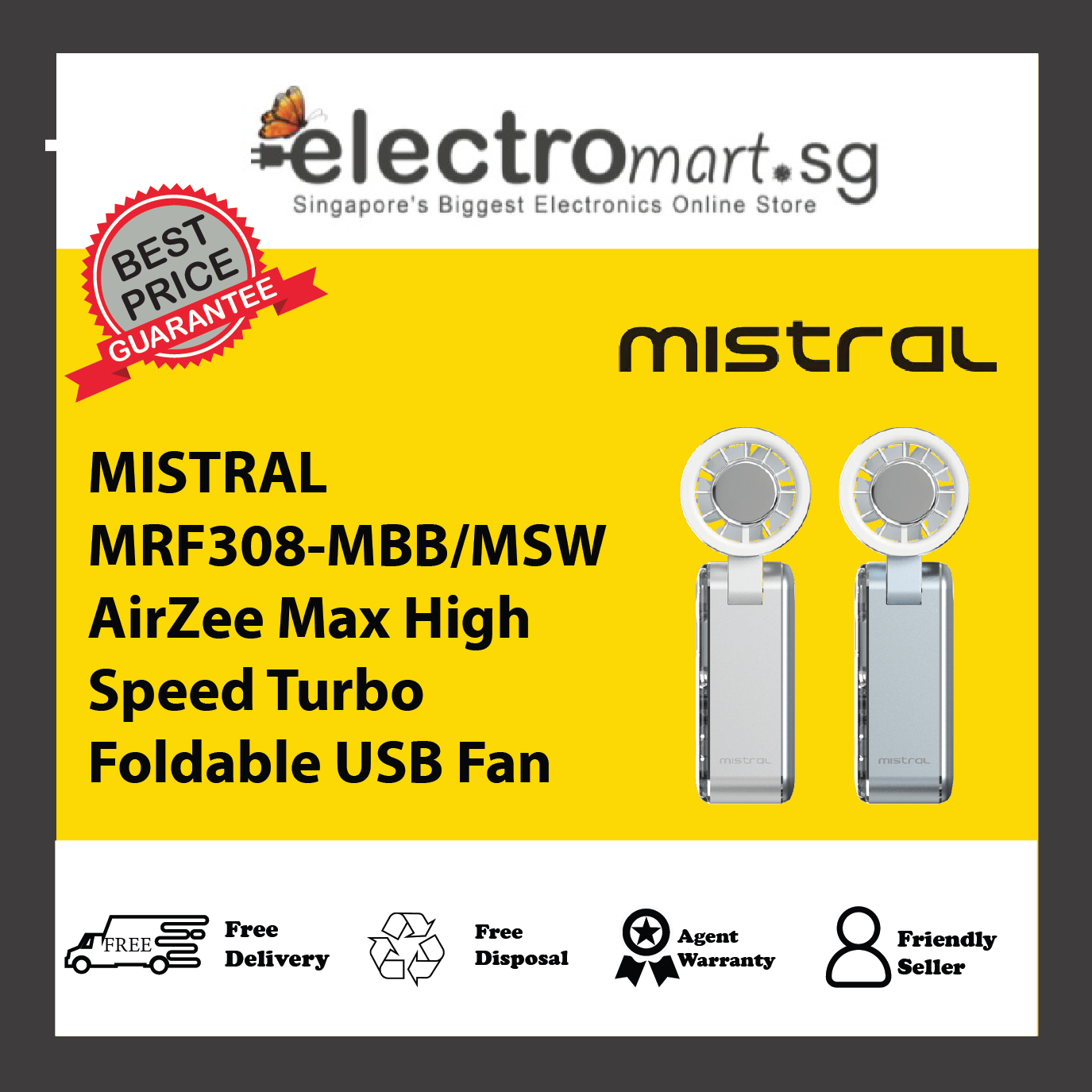 MISTRAL MRF308-MBB/MSW AirZee Max High Speed Turbo Foldable USB Fan
